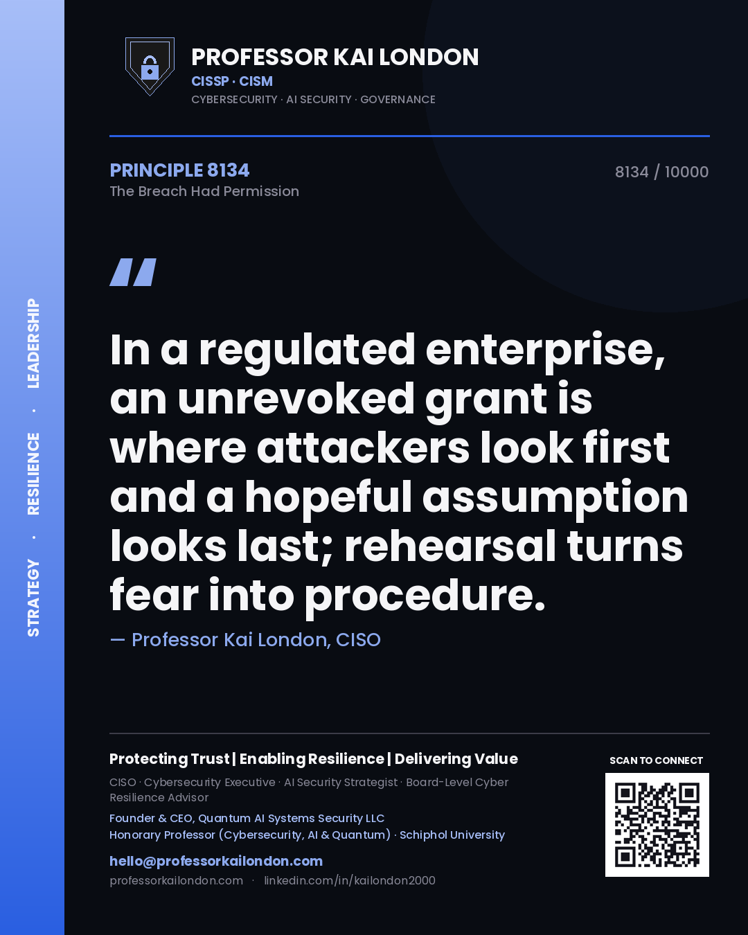 Quote card by Professor Kai London reading 'In a regulated enterprise, an unrevoked grant is where attackers look first and a hopeful assumption looks last; rehearsal turns fear into procedure.'. From the book The Breach Had Permission.