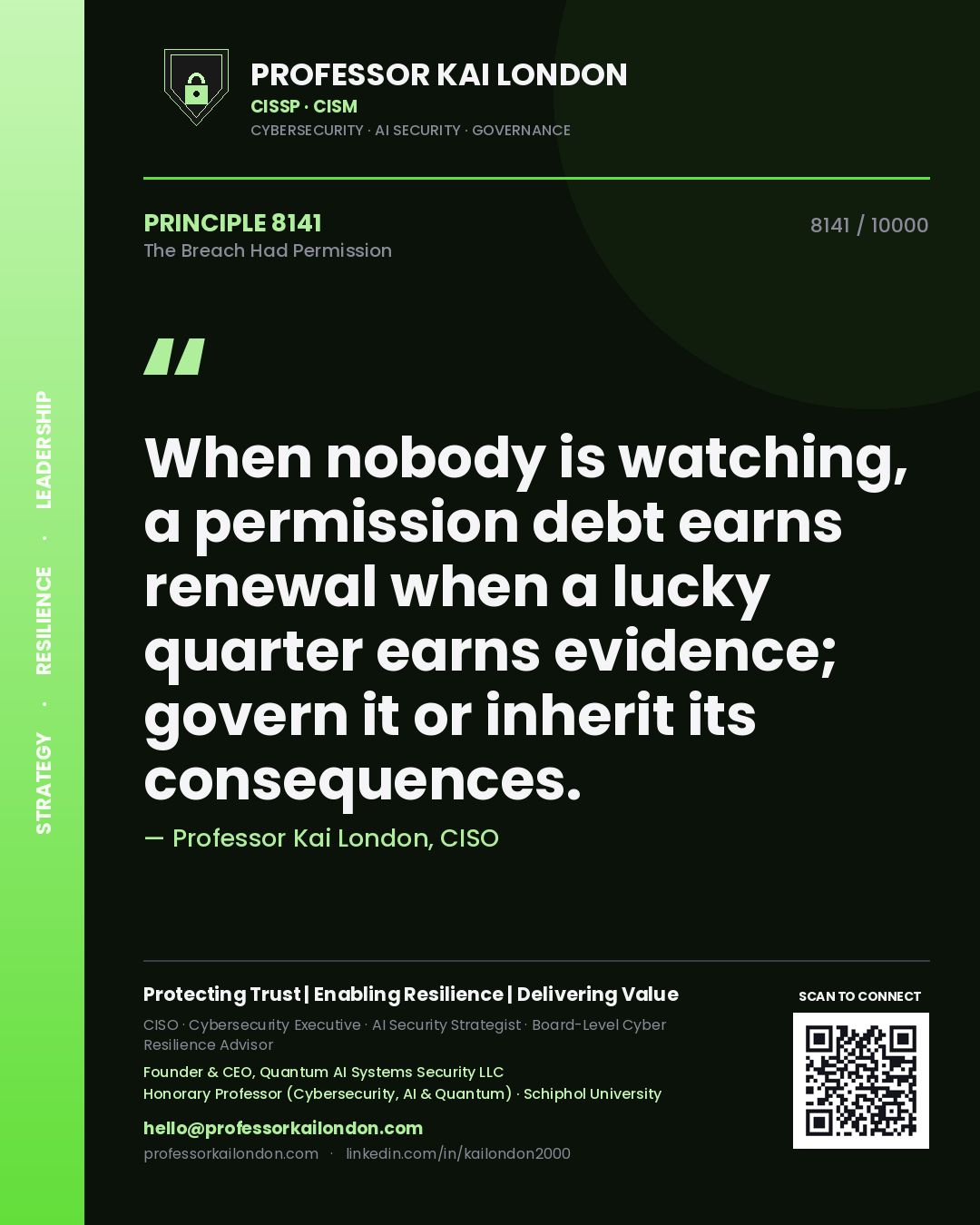 Quote card by Professor Kai London reading 'When nobody is watching, a permission debt earns renewal when a lucky quarter earns evidence; govern it or inherit its consequences.'. From the book The Breach Had Permission.