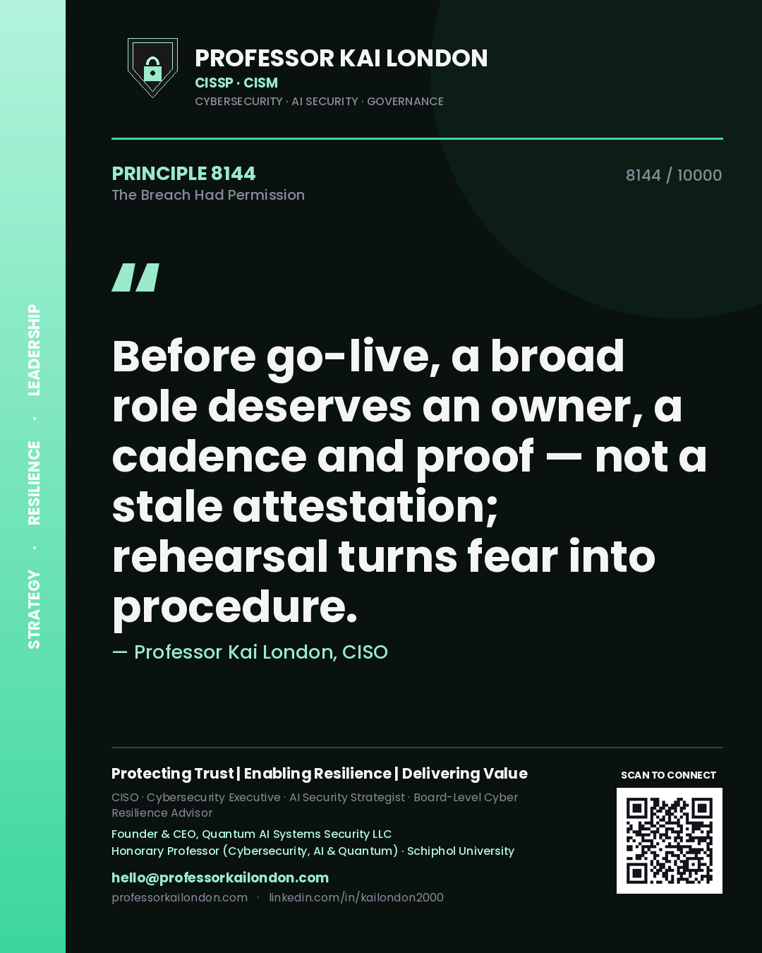 Quote card by Professor Kai London reading 'Before go-live, a broad role deserves an owner, a cadence and proof — not a stale attestation; rehearsal turns fear into procedure.'. From the book The Breach Had Permission.