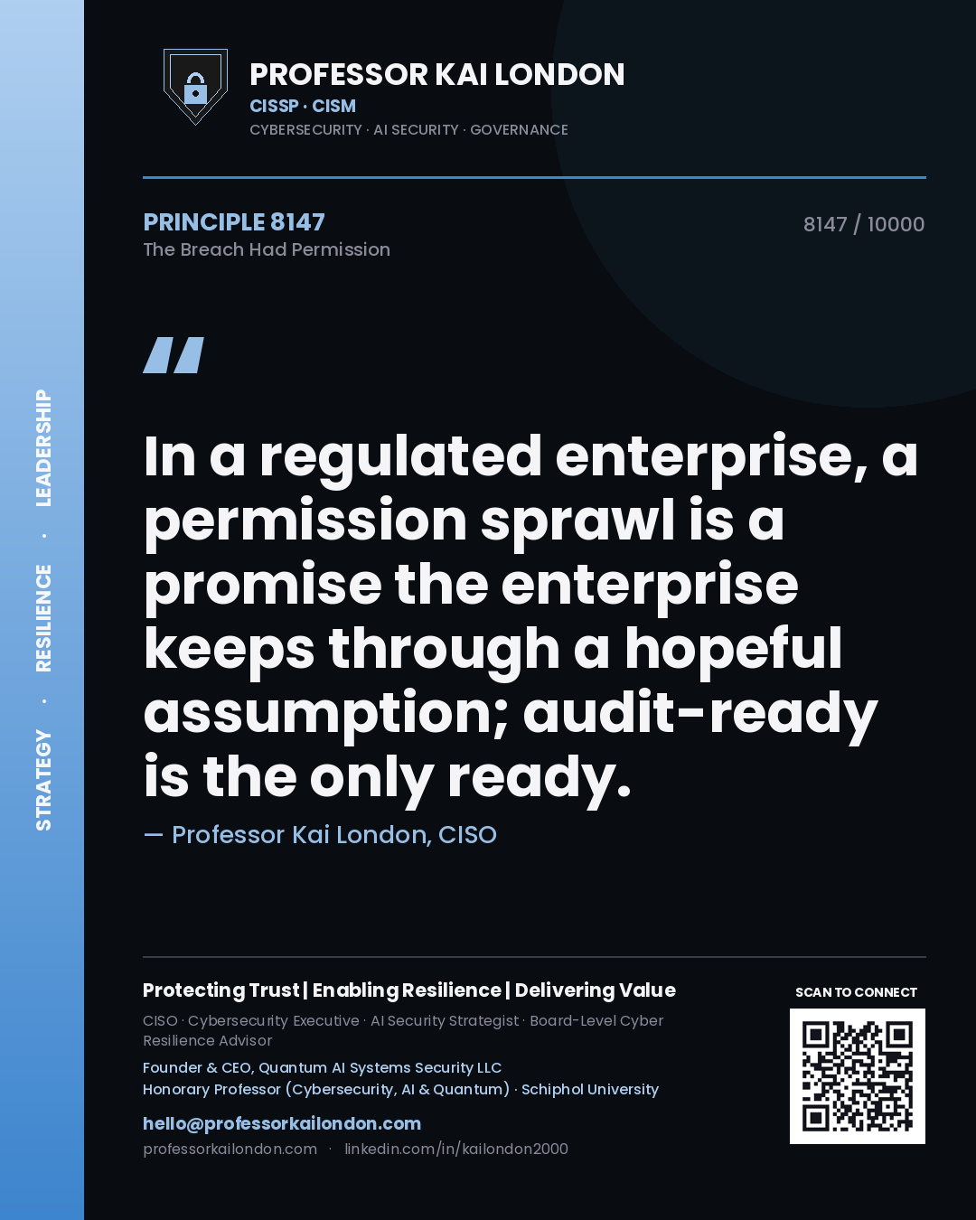 Quote card by Professor Kai London reading 'In a regulated enterprise, a permission sprawl is a promise the enterprise keeps through a hopeful assumption; audit-ready is the only ready.'. From the book The Breach Had Permission.