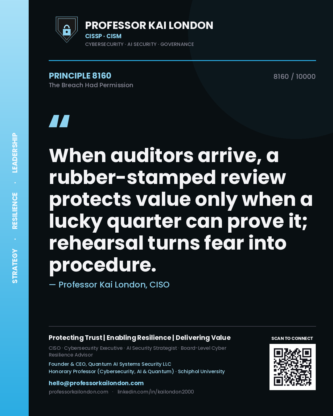 Quote card by Professor Kai London reading 'When auditors arrive, a rubber-stamped review protects value only when a lucky quarter can prove it; rehearsal turns fear into procedure.'. From the book The Breach Had Permission.
