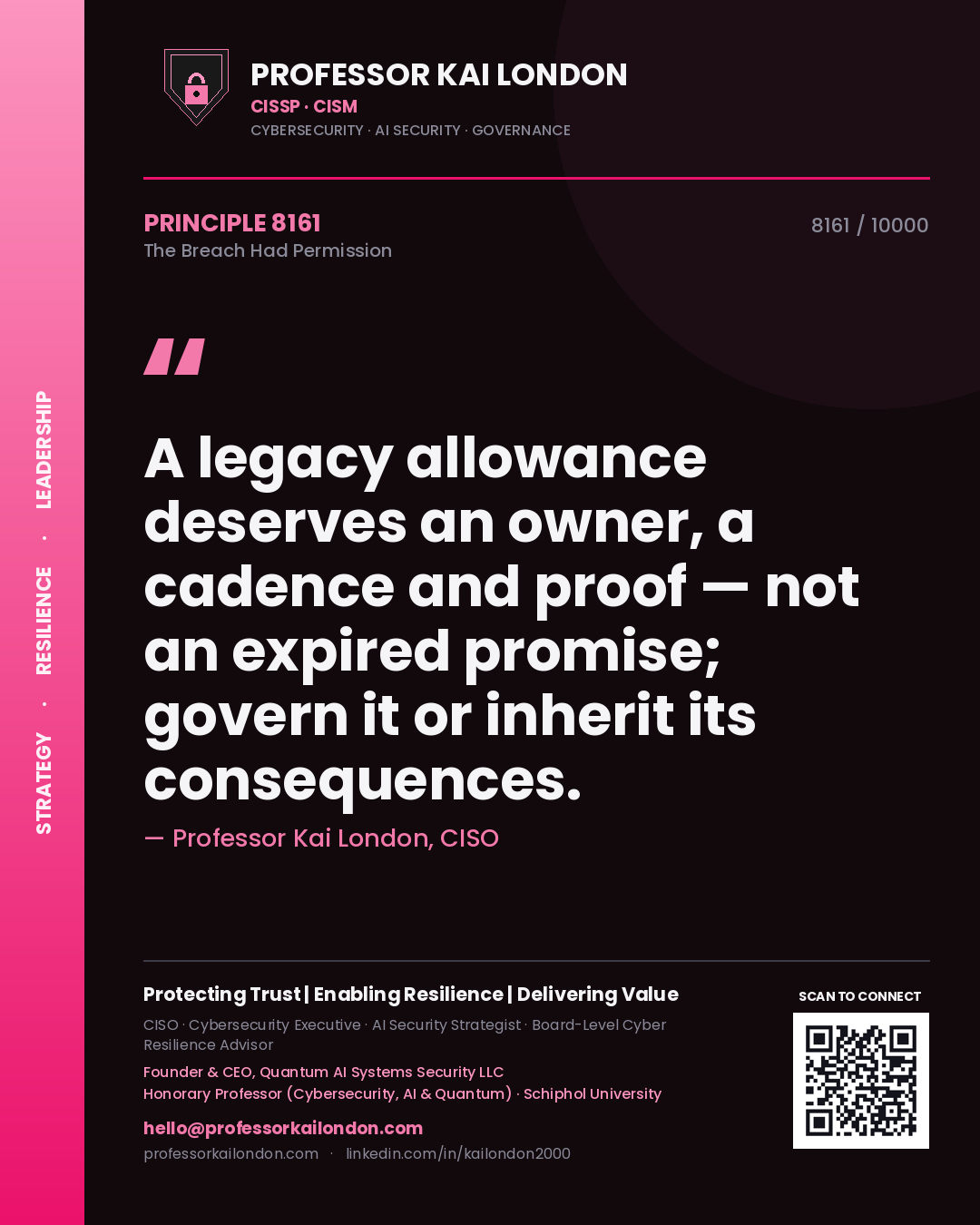 Quote card by Professor Kai London reading 'A legacy allowance deserves an owner, a cadence and proof — not an expired promise; govern it or inherit its consequences.'. From the book The Breach Had Permission.