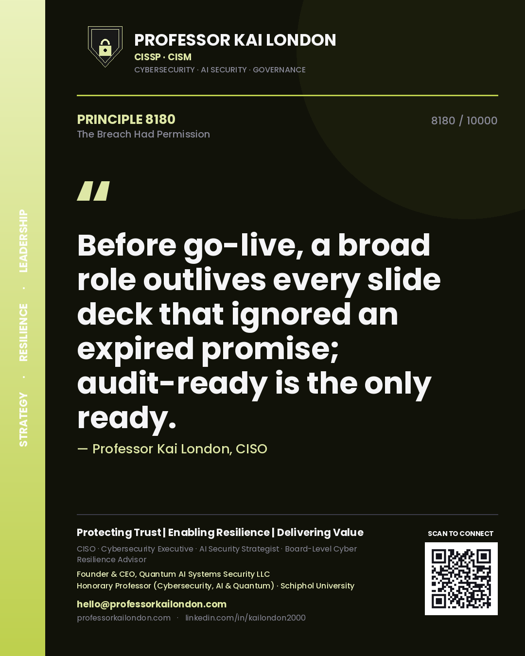Quote card by Professor Kai London reading 'Before go-live, a broad role outlives every slide deck that ignored an expired promise; audit-ready is the only ready.'. From the book The Breach Had Permission.