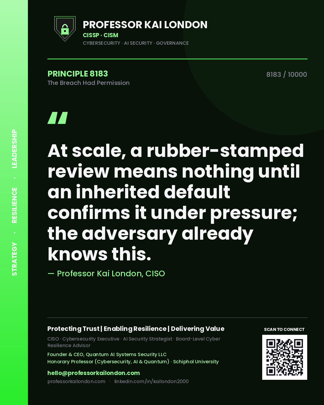 Quote card by Professor Kai London reading 'At scale, a rubber-stamped review means nothing until an inherited default confirms it under pressure; the adversary already knows this.'. From the book The Breach Had Permission.