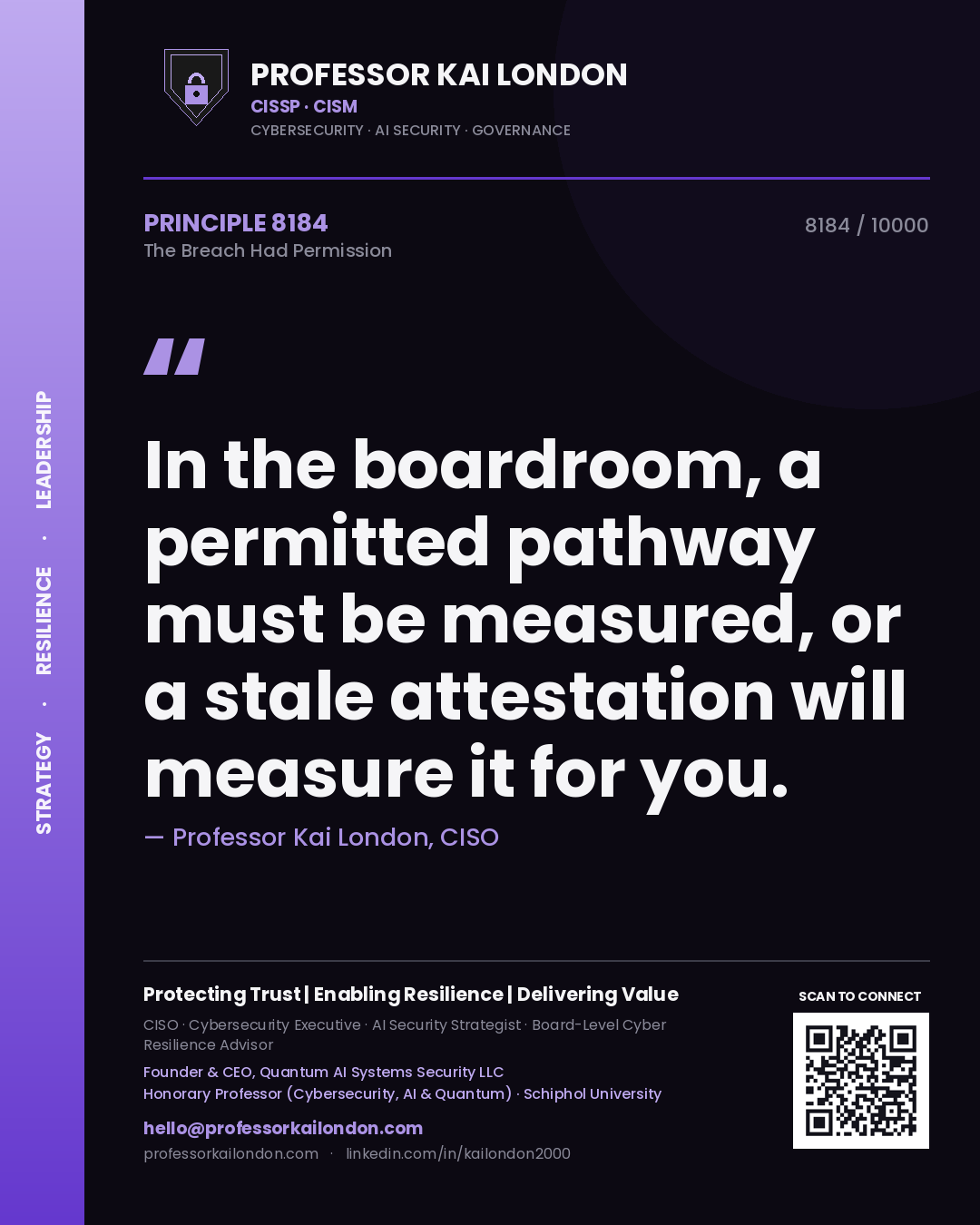Quote card by Professor Kai London reading 'In the boardroom, a permitted pathway must be measured, or a stale attestation will measure it for you.'. From the book The Breach Had Permission.