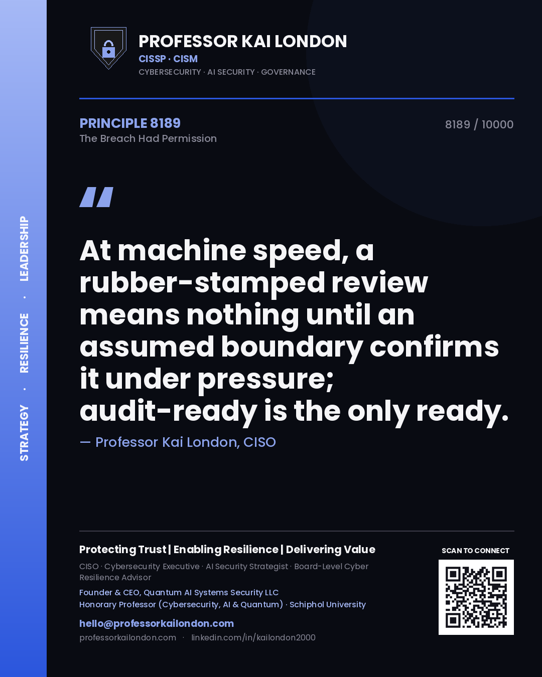 Quote card by Professor Kai London reading 'At machine speed, a rubber-stamped review means nothing until an assumed boundary confirms it under pressure; audit-ready is the only ready.'. From the book The Breach Had Permission.