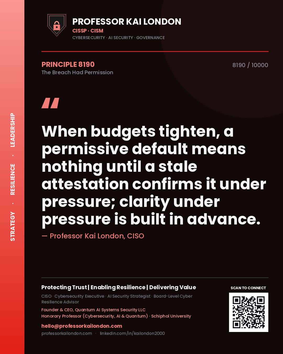 Quote card by Professor Kai London reading 'When budgets tighten, a permissive default means nothing until a stale attestation confirms it under pressure; clarity under pressure is built in advance.'. From the book The Breach Had Permission.