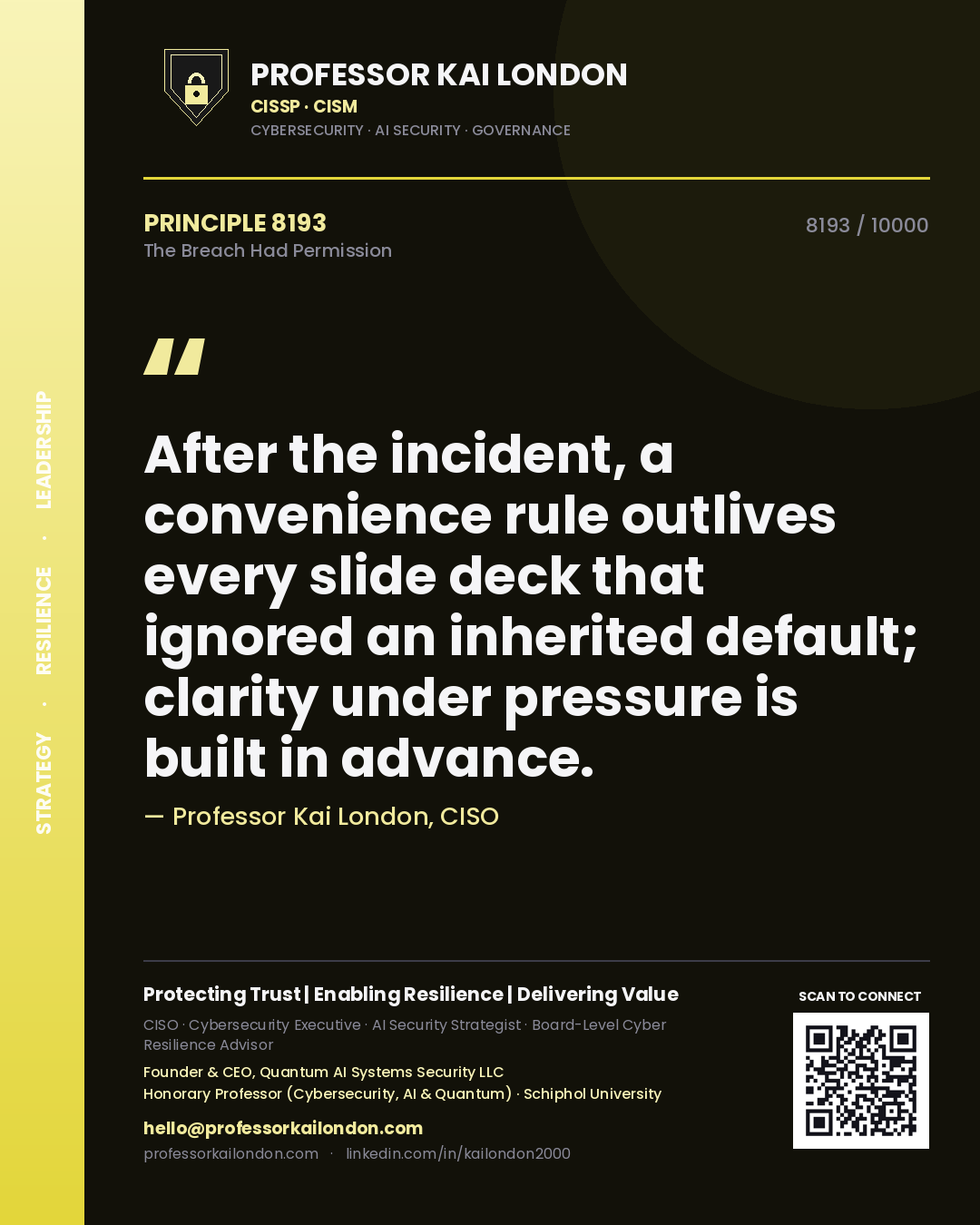 Quote card by Professor Kai London reading 'After the incident, a convenience rule outlives every slide deck that ignored an inherited default; clarity under pressure is built in advance.'. From the book The Breach Had Permission.