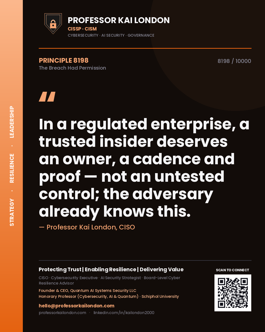 Quote card by Professor Kai London reading 'In a regulated enterprise, a trusted insider deserves an owner, a cadence and proof — not an untested control; the adversary already knows this.'. From the book The Breach Had Permission.