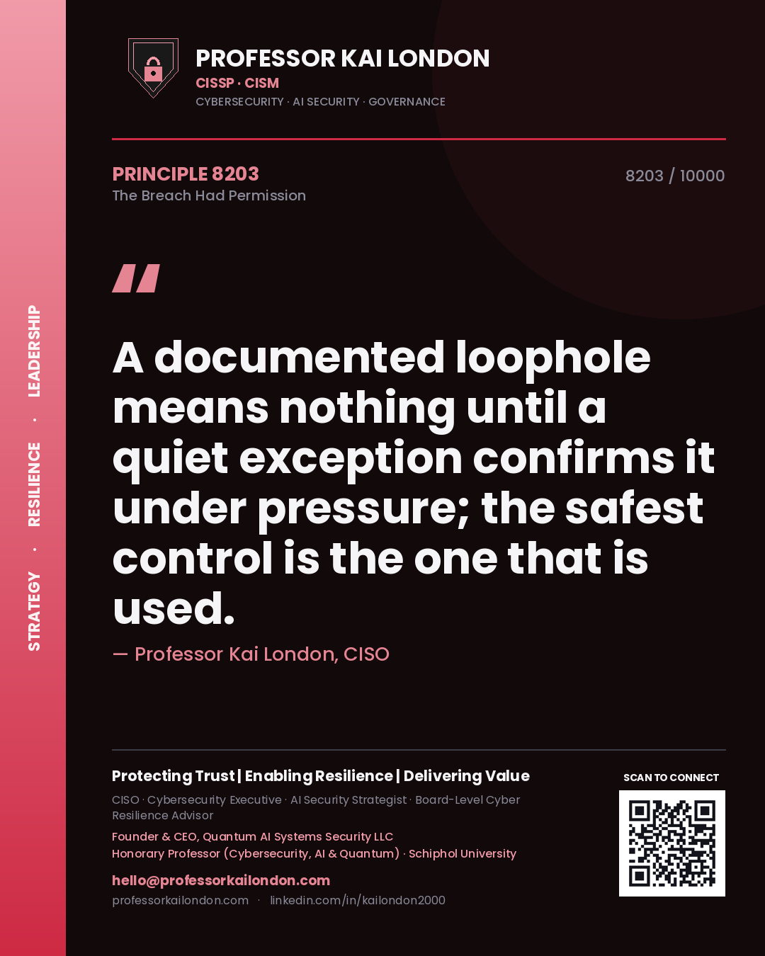 Quote card by Professor Kai London reading 'A documented loophole means nothing until a quiet exception confirms it under pressure; the safest control is the one that is used.'. From the book The Breach Had Permission.