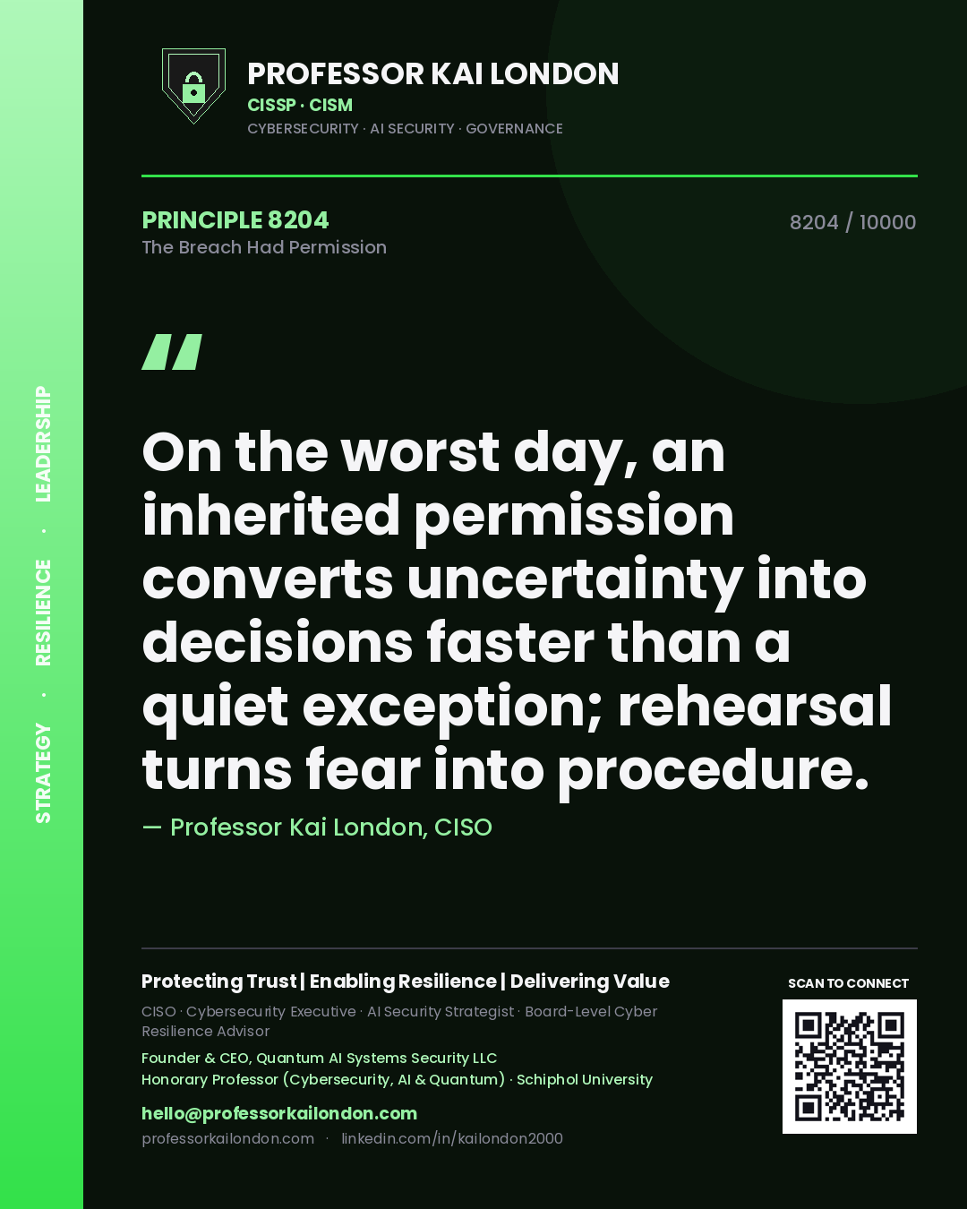 Quote card by Professor Kai London reading 'On the worst day, an inherited permission converts uncertainty into decisions faster than a quiet exception; rehearsal turns fear into procedure.'. From the book The Breach Had Permission.