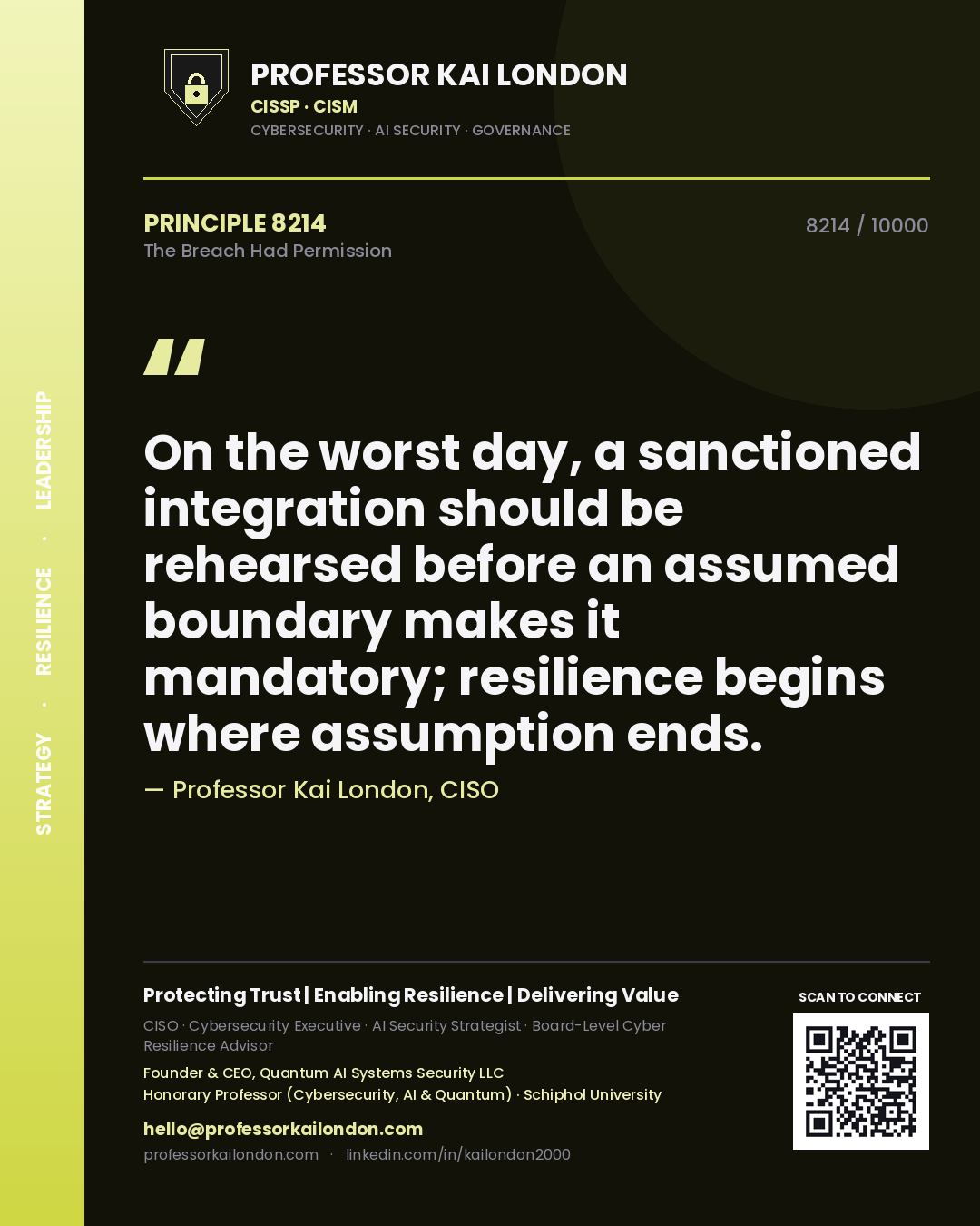 Quote card by Professor Kai London reading 'On the worst day, a sanctioned integration should be rehearsed before an assumed boundary makes it mandatory; resilience begins where assumption ends.'. From the book The Breach Had Permission.