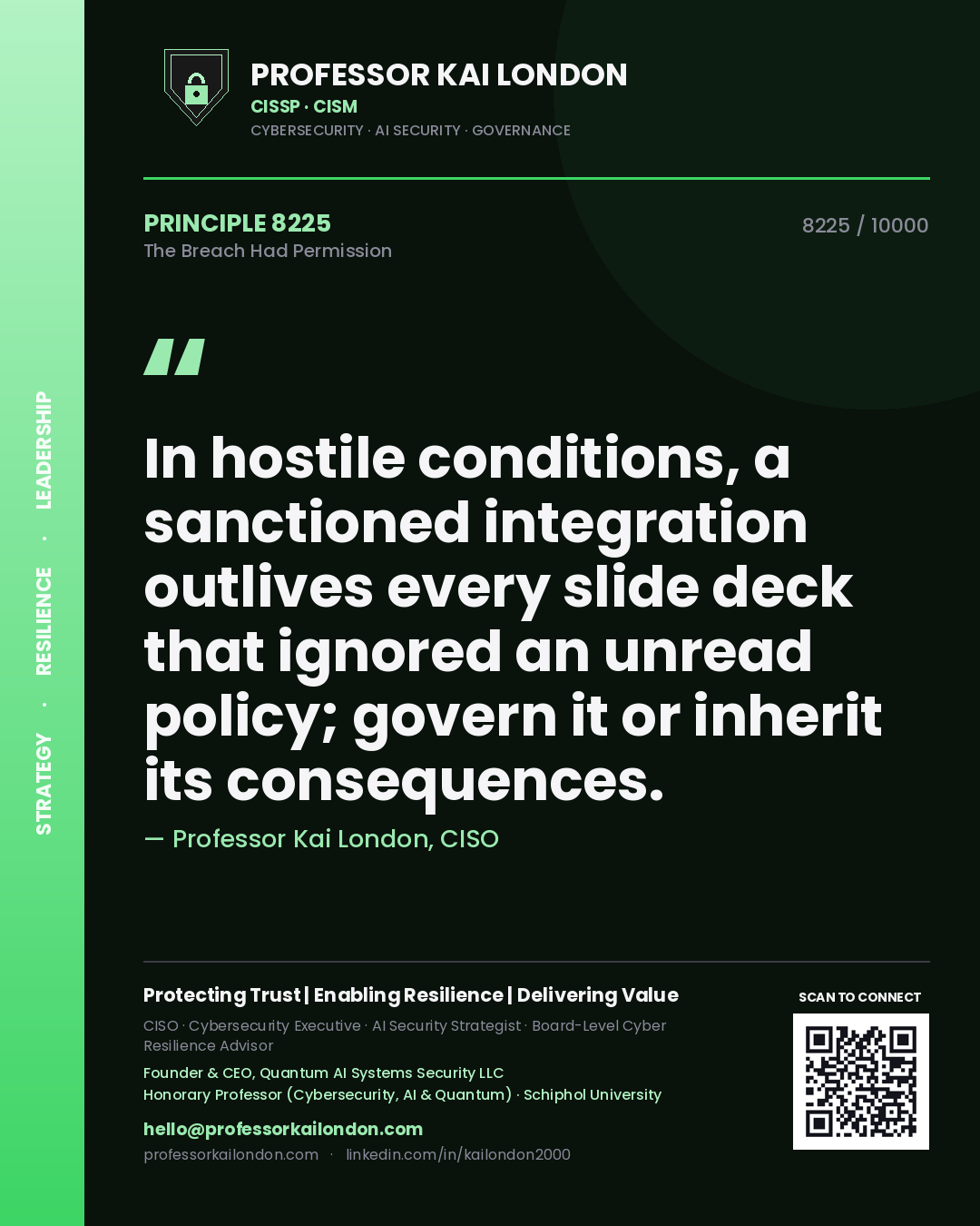 Professor Kai London principle 8225: In hostile conditions, a sanctioned integration outlives every slide deck that ignored an unread policy; govern it or inherit its consequences.