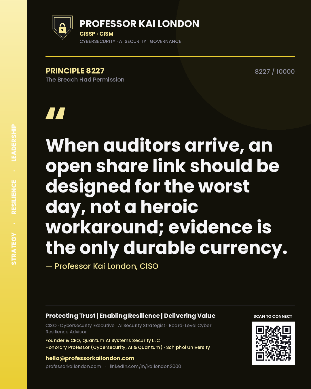 Quote card by Professor Kai London reading 'When auditors arrive, an open share link should be designed for the worst day, not a heroic workaround; evidence is the only durable currency.'. From the book The Breach Had Permission.
