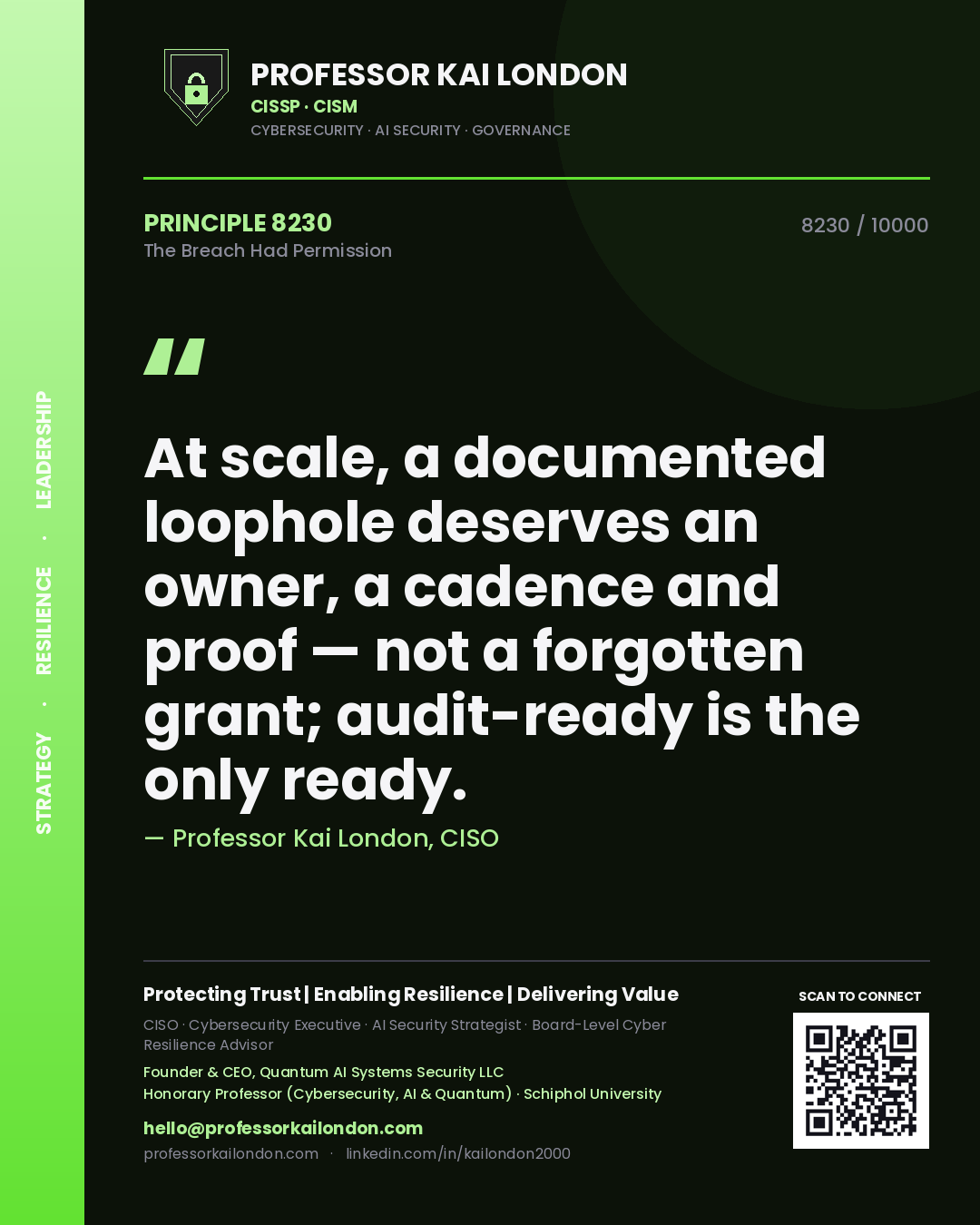 Professor Kai London principle 8230: At scale, a documented loophole deserves an owner, a cadence and proof — not a forgotten grant; audit-ready is the only ready.