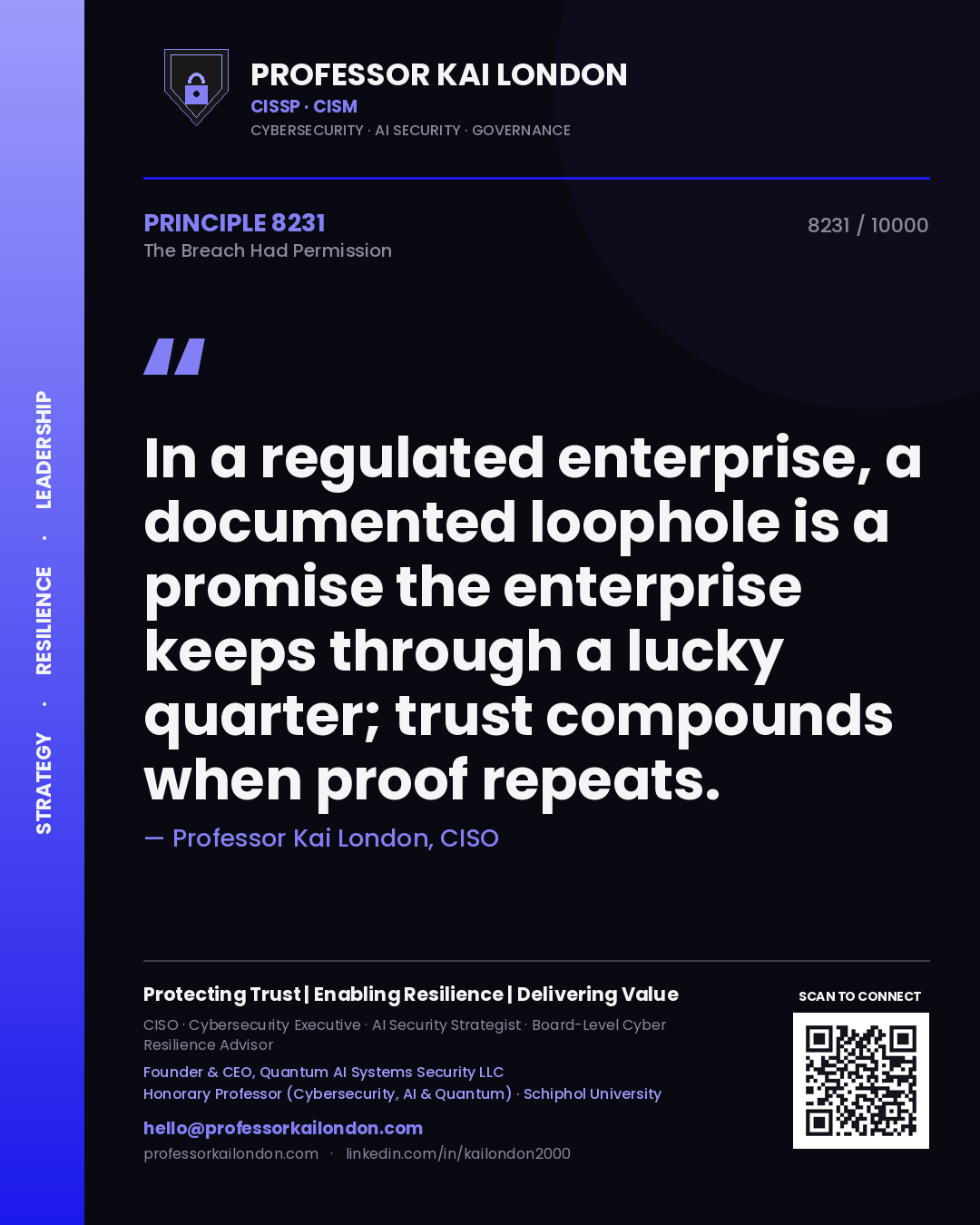 Professor Kai London principle 8231: In a regulated enterprise, a documented loophole is a promise the enterprise keeps through a lucky quarter; trust compounds when proof repeats.