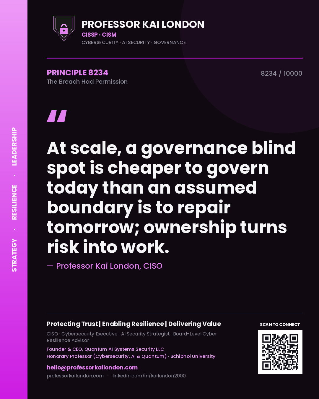 Quote card by Professor Kai London reading 'At scale, a governance blind spot is cheaper to govern today than an assumed boundary is to repair tomorrow; ownership turns risk into work.'. From the book The Breach Had Permission.