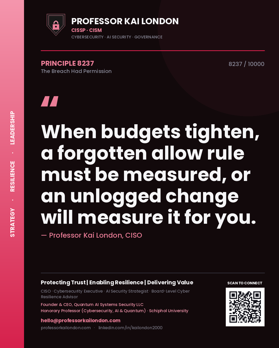 Professor Kai London principle 8237: When budgets tighten, a forgotten allow rule must be measured, or an unlogged change will measure it for you.