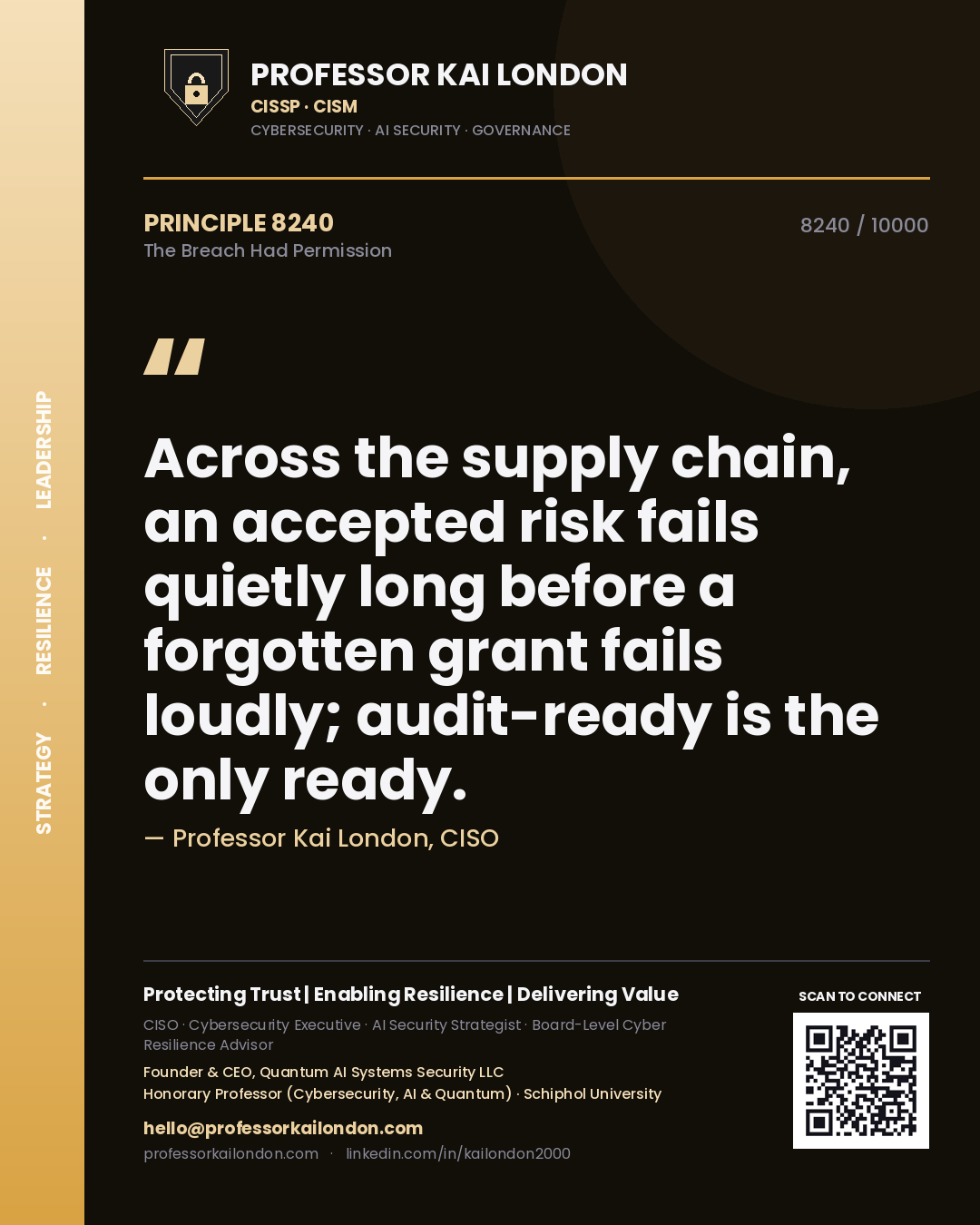 Quote card by Professor Kai London reading 'Across the supply chain, an accepted risk fails quietly long before a forgotten grant fails loudly; audit-ready is the only ready.'. From the book The Breach Had Permission.