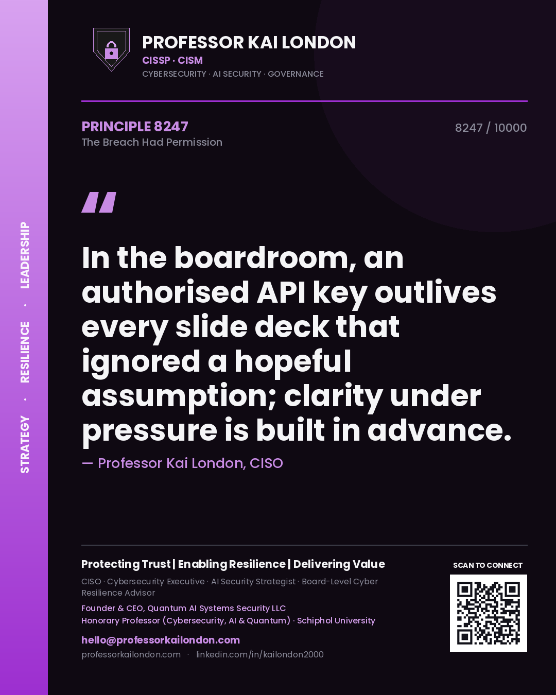 Quote card by Professor Kai London reading 'In the boardroom, an authorised API key outlives every slide deck that ignored a hopeful assumption; clarity under pressure is built in advance.'. From the book The Breach Had Permission.