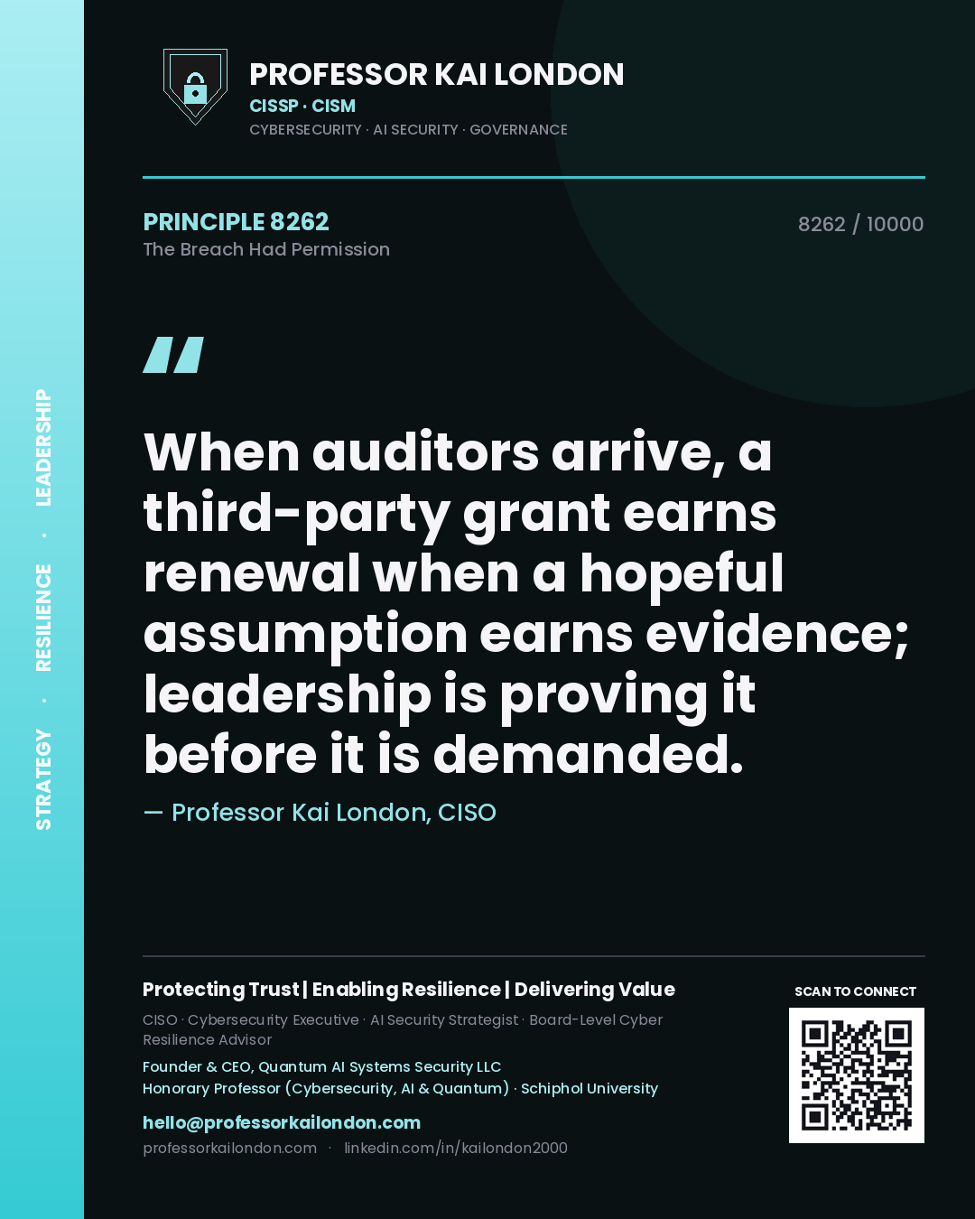 Quote card by Professor Kai London reading 'When auditors arrive, a third-party grant earns renewal when a hopeful assumption earns evidence; leadership is proving it before it is demanded.'. From the book The Breach Had Permission.