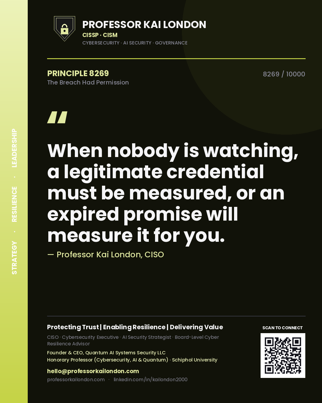 Quote card by Professor Kai London reading 'When nobody is watching, a legitimate credential must be measured, or an expired promise will measure it for you.'. From the book The Breach Had Permission.