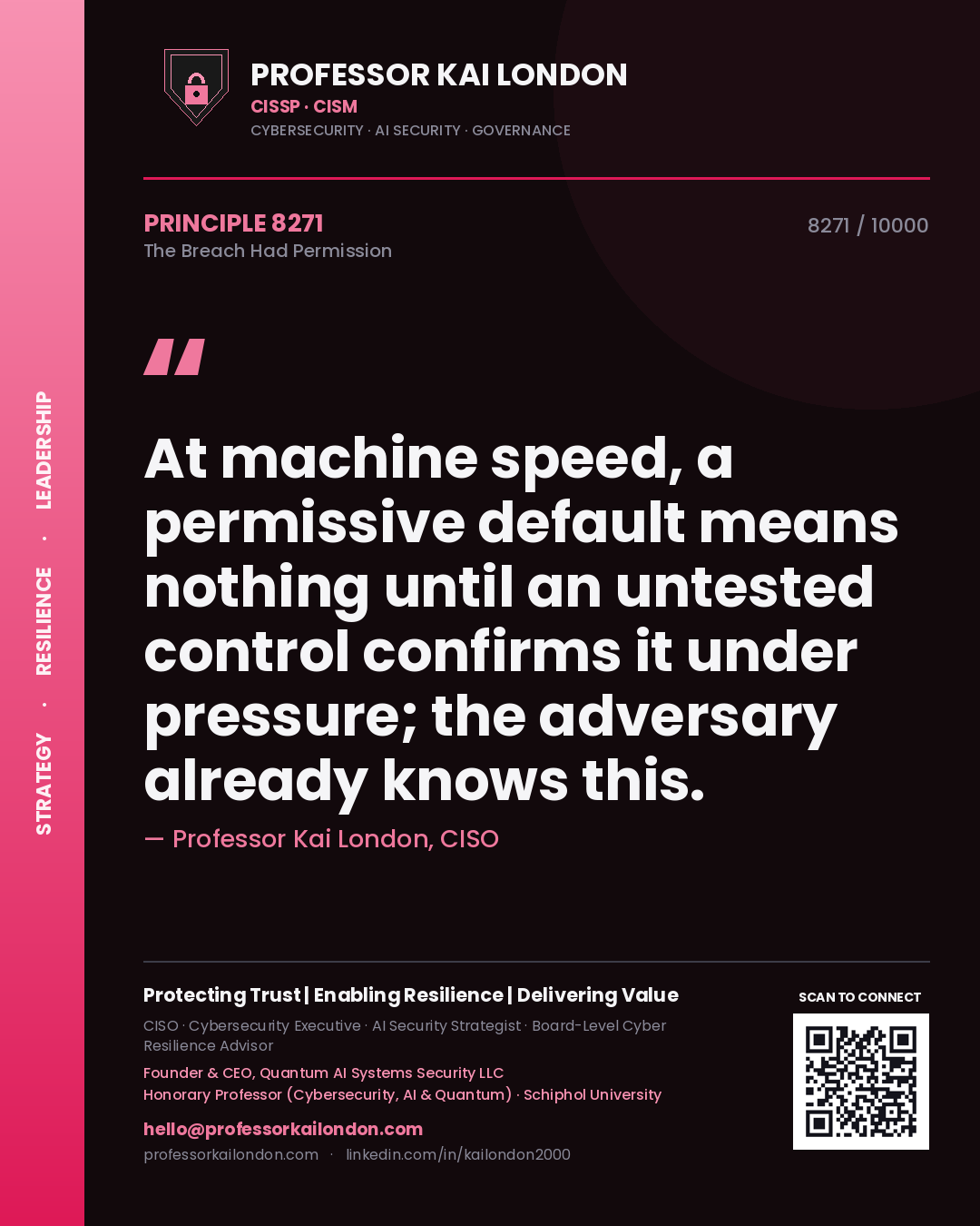 Professor Kai London principle 8271: At machine speed, a permissive default means nothing until an untested control confirms it under pressure; the adversary already knows this.
