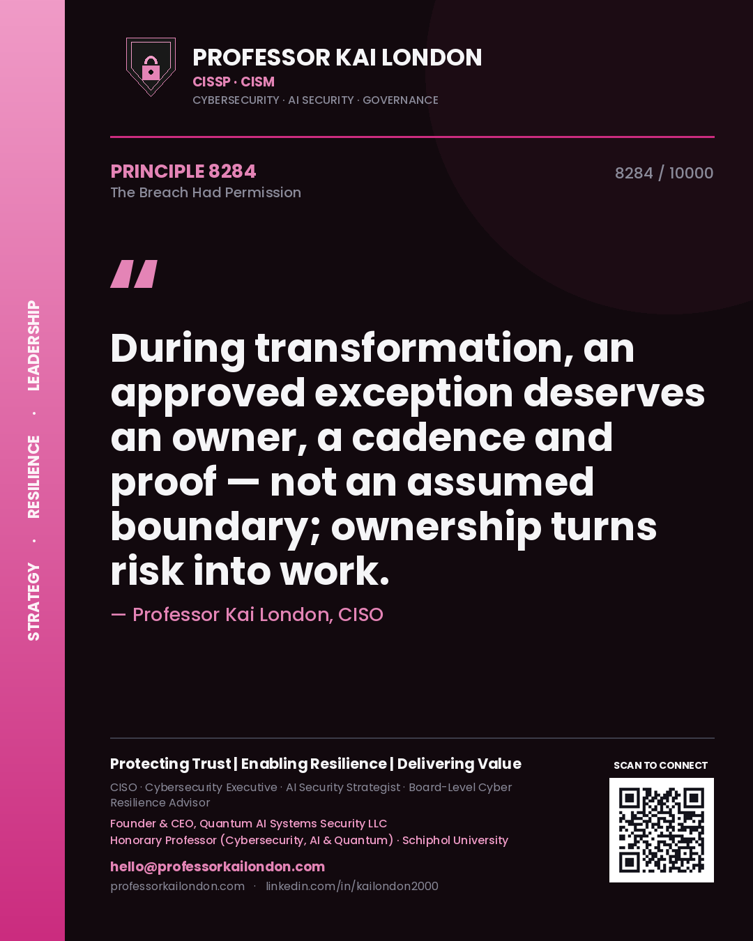 Quote card by Professor Kai London reading 'During transformation, an approved exception deserves an owner, a cadence and proof — not an assumed boundary; ownership turns risk into work.'. From the book The Breach Had Permission.