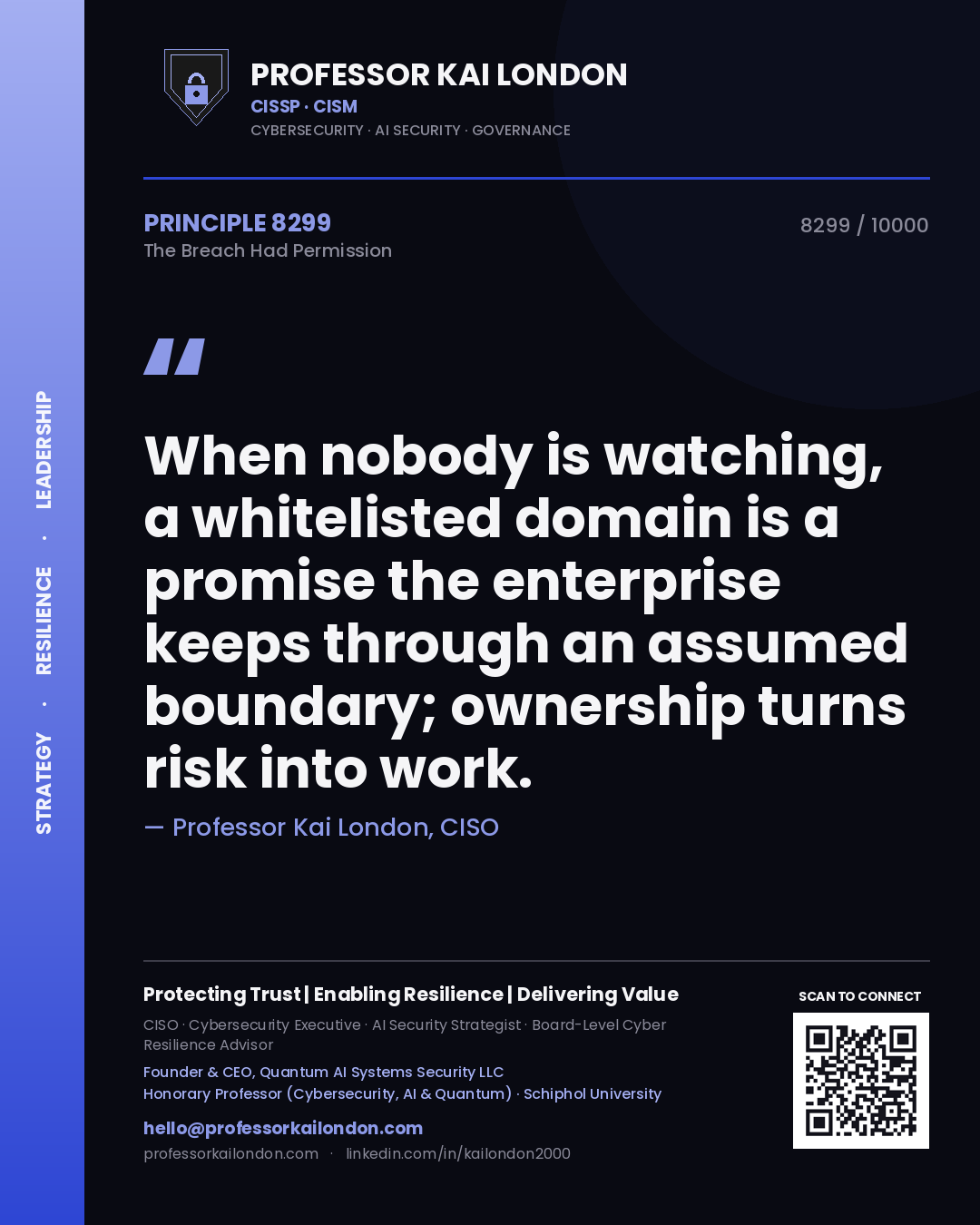 Quote card by Professor Kai London reading 'When nobody is watching, a whitelisted domain is a promise the enterprise keeps through an assumed boundary; ownership turns risk into work.'. From the book The Breach Had Permission.