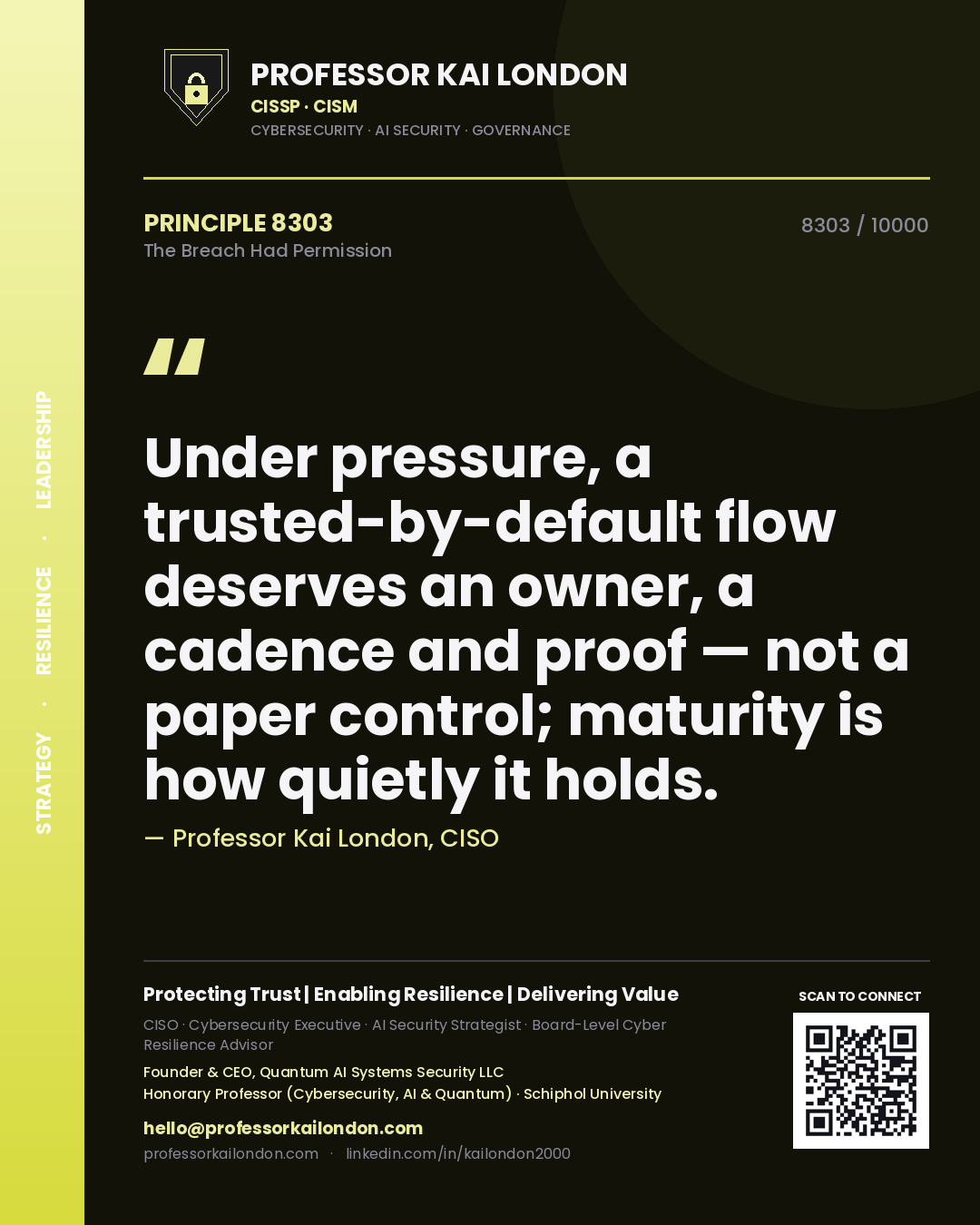 Quote card by Professor Kai London reading 'Under pressure, a trusted-by-default flow deserves an owner, a cadence and proof — not a paper control; maturity is how quietly it holds.'. From the book The Breach Had Permission.