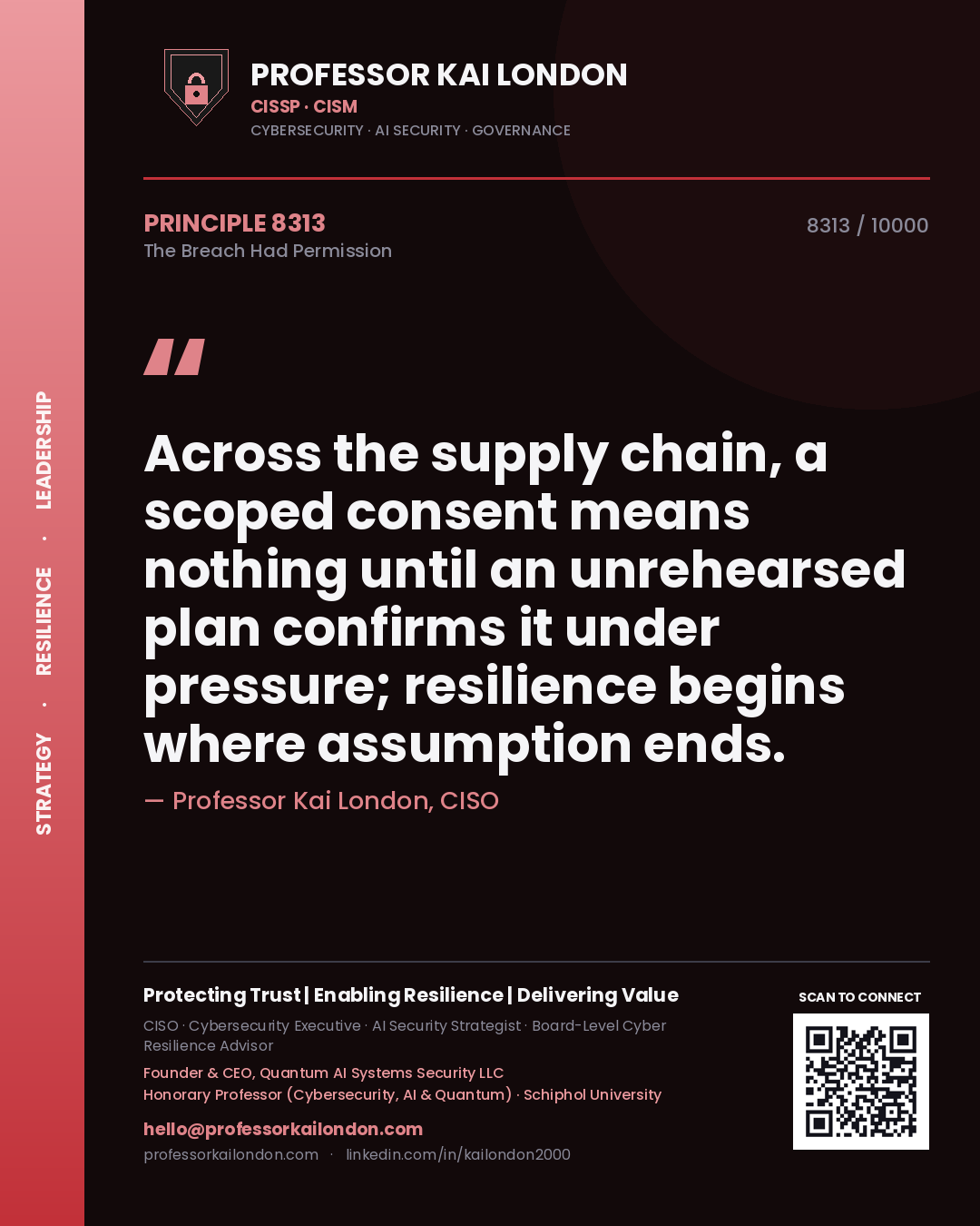 Quote card by Professor Kai London reading 'Across the supply chain, a scoped consent means nothing until an unrehearsed plan confirms it under pressure; resilience begins where assumption ends.'. From the book The Breach Had Permission.