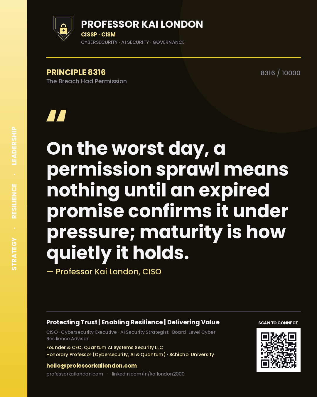 Quote card by Professor Kai London reading 'On the worst day, a permission sprawl means nothing until an expired promise confirms it under pressure; maturity is how quietly it holds.'. From the book The Breach Had Permission.