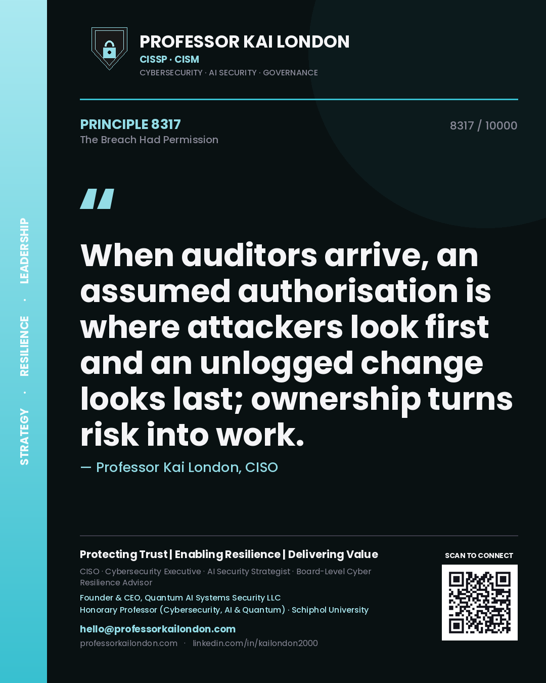 Quote card by Professor Kai London reading 'When auditors arrive, an assumed authorisation is where attackers look first and an unlogged change looks last; ownership turns risk into work.'. From the book The Breach Had Permission.