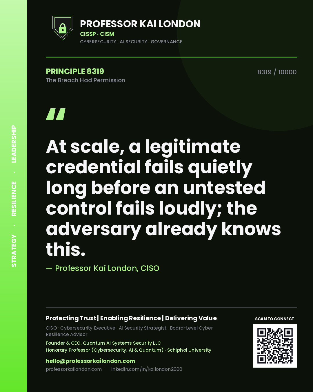 Quote card by Professor Kai London reading 'At scale, a legitimate credential fails quietly long before an untested control fails loudly; the adversary already knows this.'. From the book The Breach Had Permission.