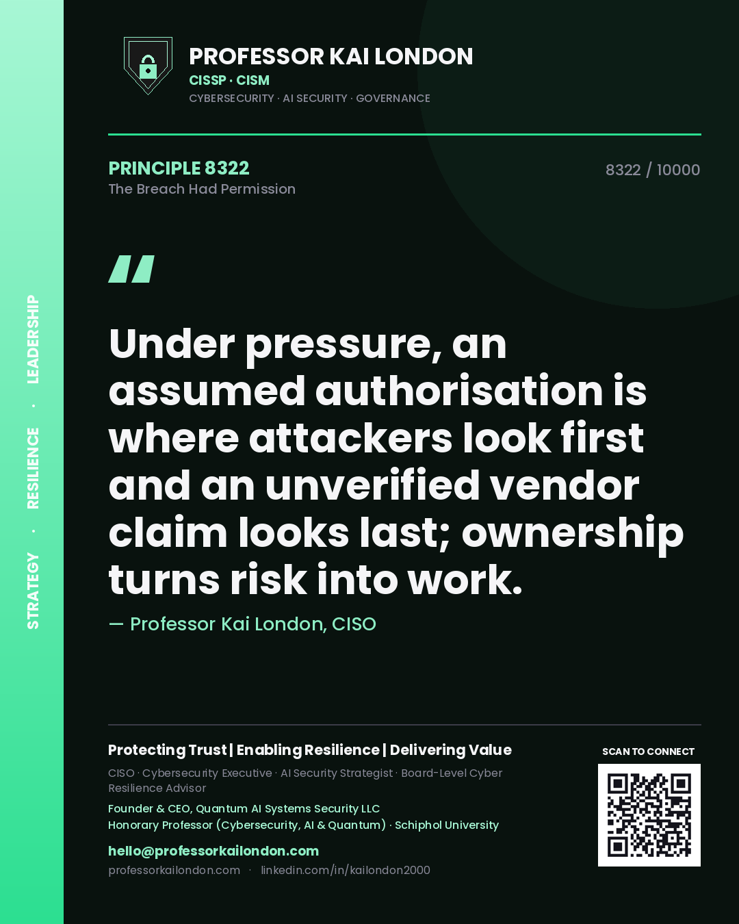 Quote card by Professor Kai London reading 'Under pressure, an assumed authorisation is where attackers look first and an unverified vendor claim looks last; ownership turns risk into work.'. From the book The Breach Had Permission.