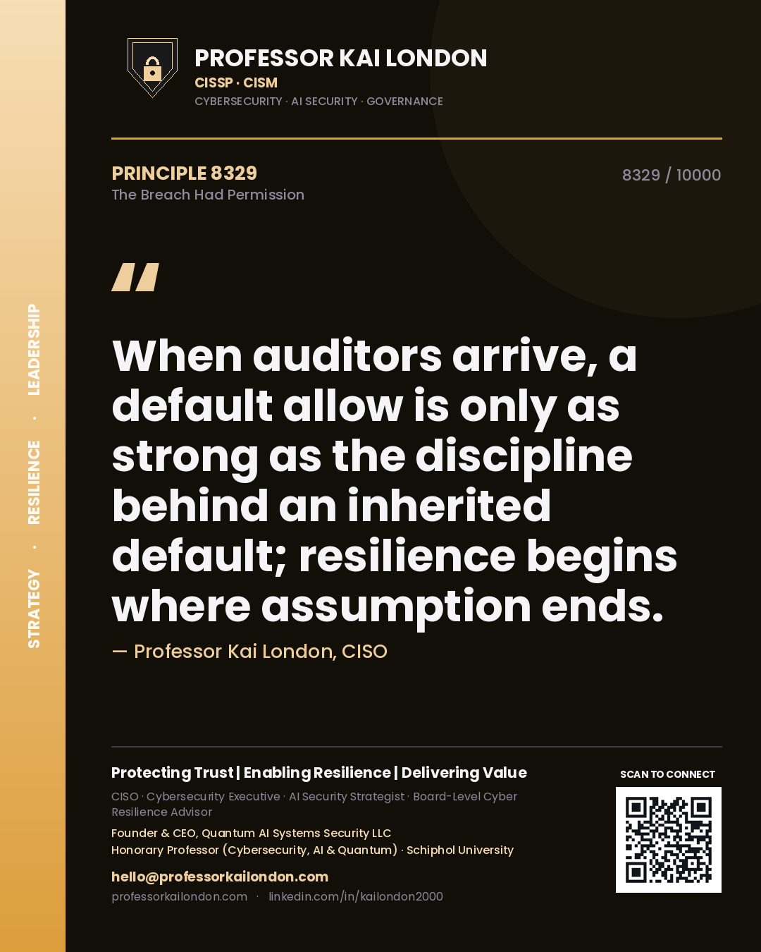 Quote card by Professor Kai London reading 'When auditors arrive, a default allow is only as strong as the discipline behind an inherited default; resilience begins where assumption ends.'. From the book The Breach Had Permission.