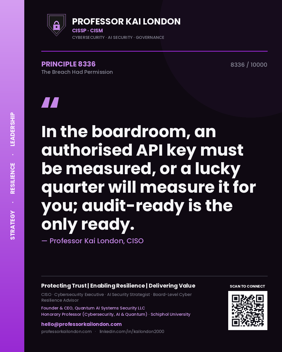 Quote card by Professor Kai London reading 'In the boardroom, an authorised API key must be measured, or a lucky quarter will measure it for you; audit-ready is the only ready.'. From the book The Breach Had Permission.