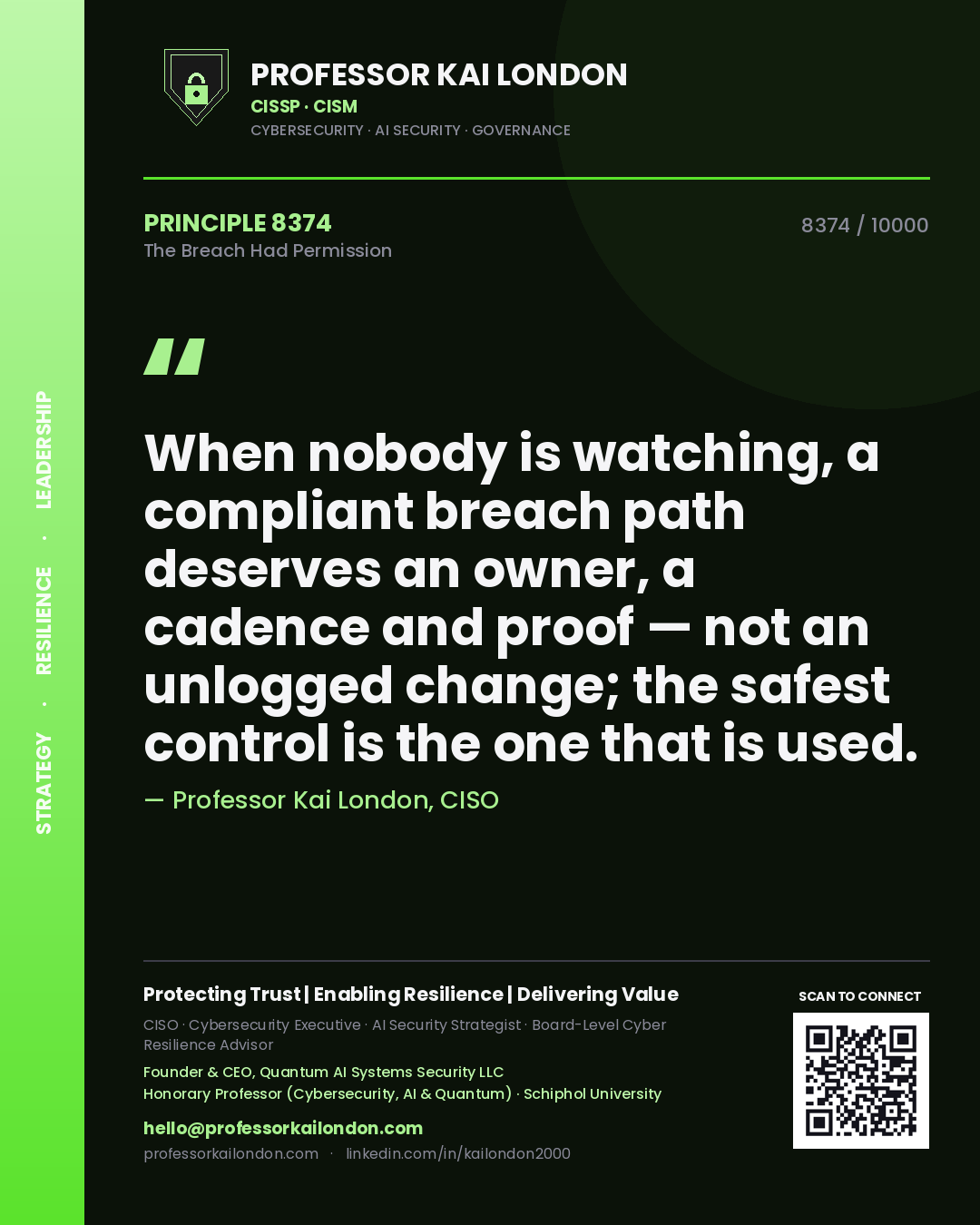 Quote card by Professor Kai London reading 'When nobody is watching, a compliant breach path deserves an owner, a cadence and proof — not an unlogged change; the safest control is the one that is used.'. From the book The Breach Had Permission.