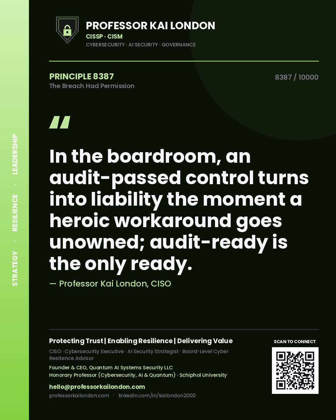 Quote card by Professor Kai London reading 'In the boardroom, an audit-passed control turns into liability the moment a heroic workaround goes unowned; audit-ready is the only ready.'. From the book The Breach Had Permission.