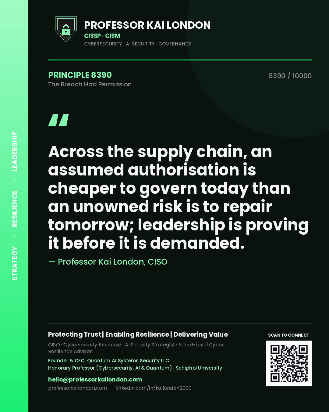Quote card by Professor Kai London reading 'Across the supply chain, an assumed authorisation is cheaper to govern today than an unowned risk is to repair tomorrow; leadership is proving it before it is demanded.'. From the book The Breach Had Permission.