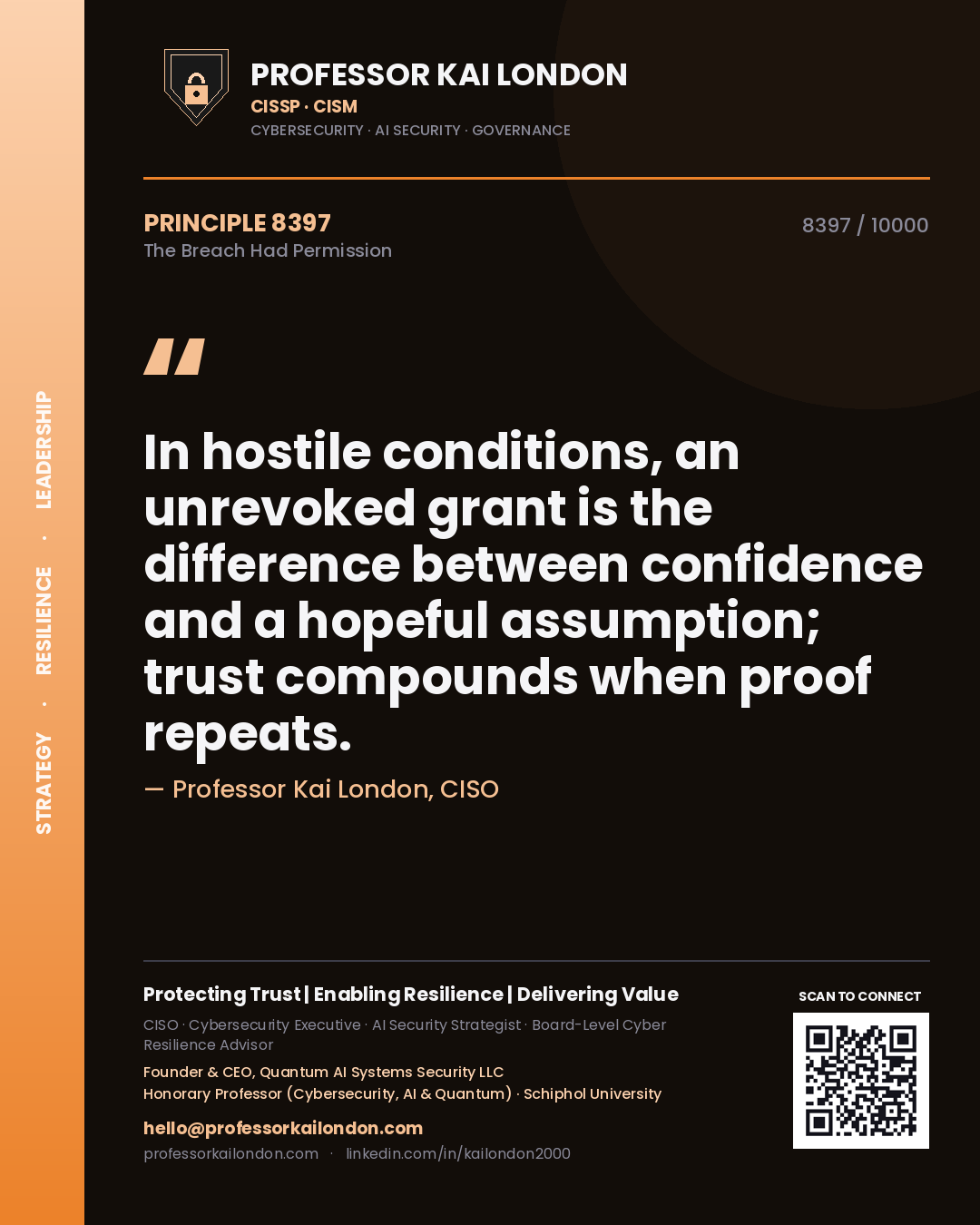 Quote card by Professor Kai London reading 'In hostile conditions, an unrevoked grant is the difference between confidence and a hopeful assumption; trust compounds when proof repeats.'. From the book The Breach Had Permission.