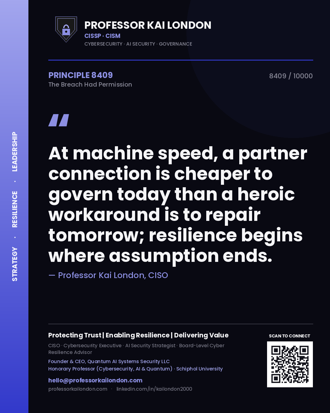 Quote card by Professor Kai London reading 'At machine speed, a partner connection is cheaper to govern today than a heroic workaround is to repair tomorrow; resilience begins where assumption ends.'. From the book The Breach Had Permission.