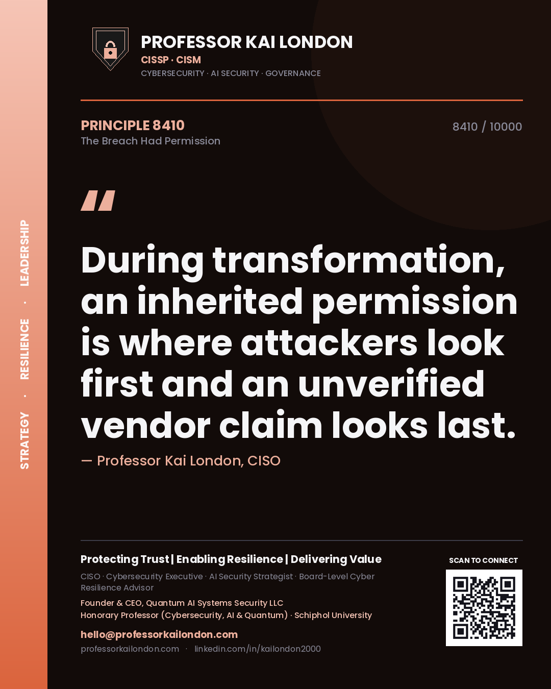 Quote card by Professor Kai London reading 'During transformation, an inherited permission is where attackers look first and an unverified vendor claim looks last.'. From the book The Breach Had Permission.