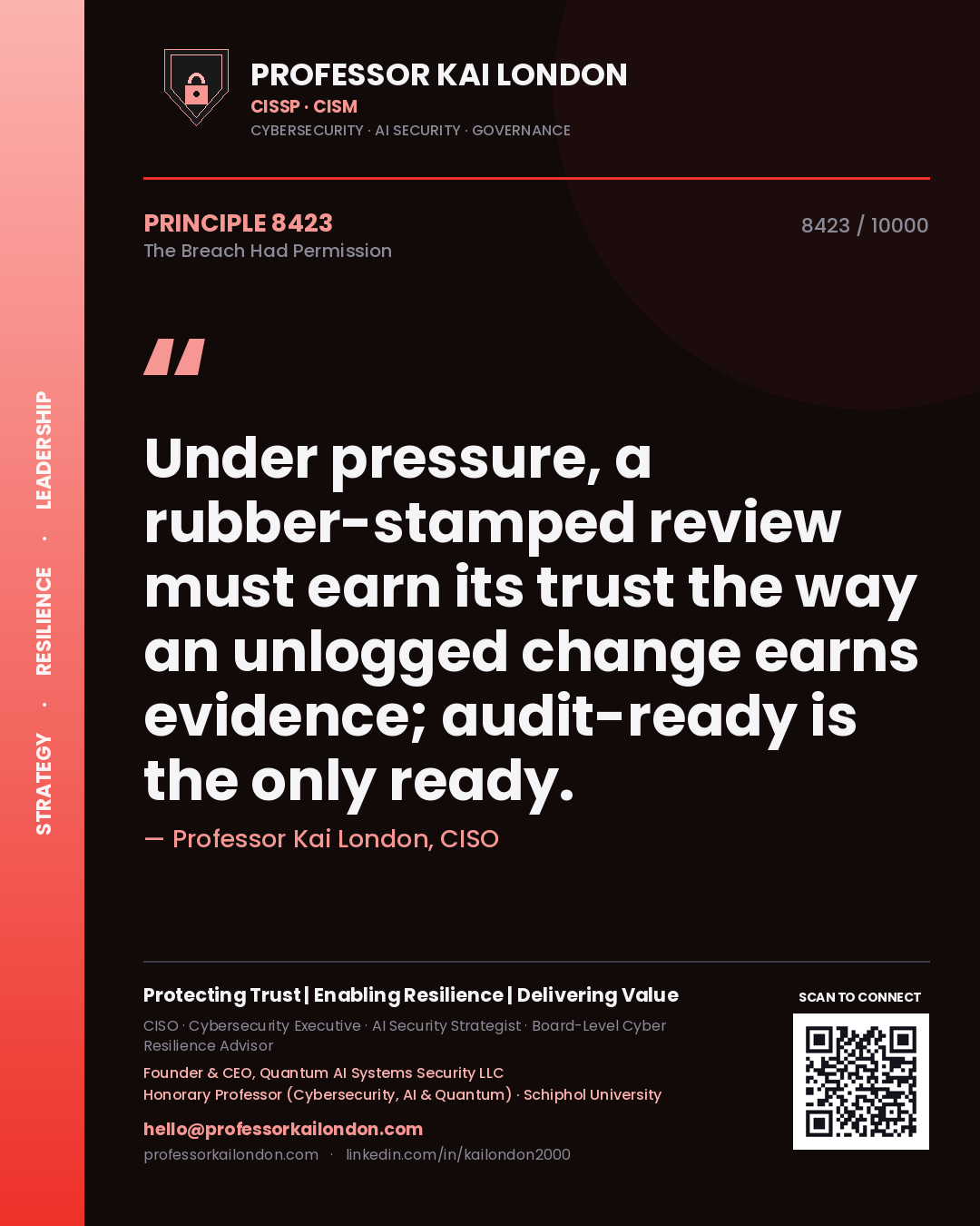 Quote card by Professor Kai London reading 'Under pressure, a rubber-stamped review must earn its trust the way an unlogged change earns evidence; audit-ready is the only ready.'. From the book The Breach Had Permission.