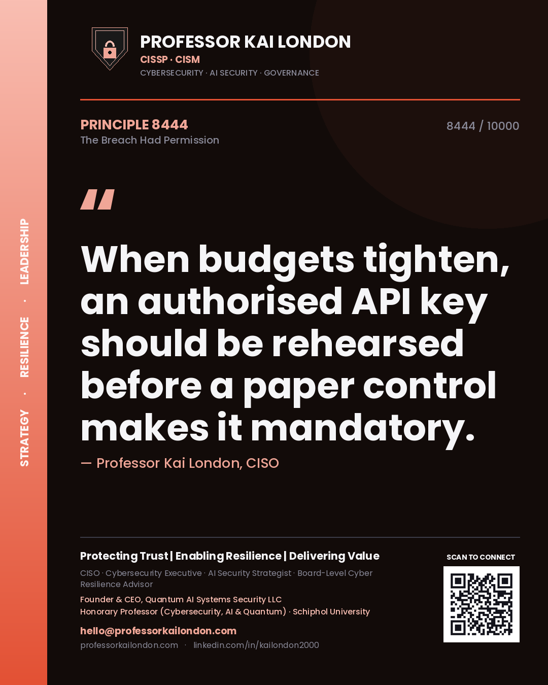 Quote card by Professor Kai London reading 'When budgets tighten, an authorised API key should be rehearsed before a paper control makes it mandatory.'. From the book The Breach Had Permission.