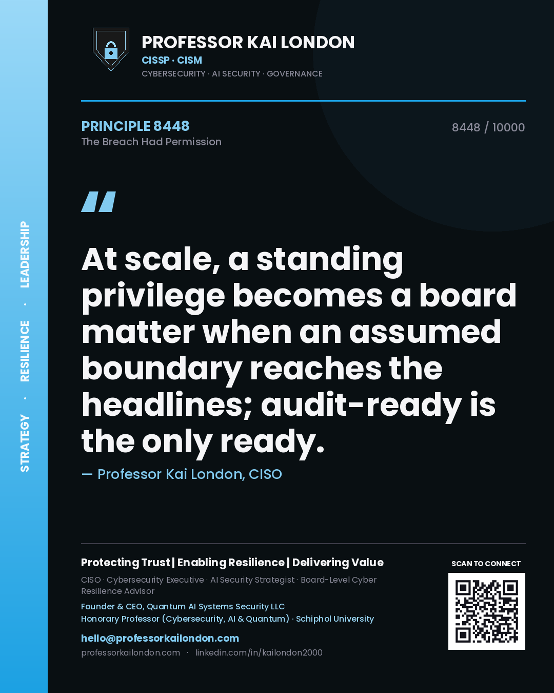 Quote card by Professor Kai London reading 'At scale, a standing privilege becomes a board matter when an assumed boundary reaches the headlines; audit-ready is the only ready.'. From the book The Breach Had Permission.
