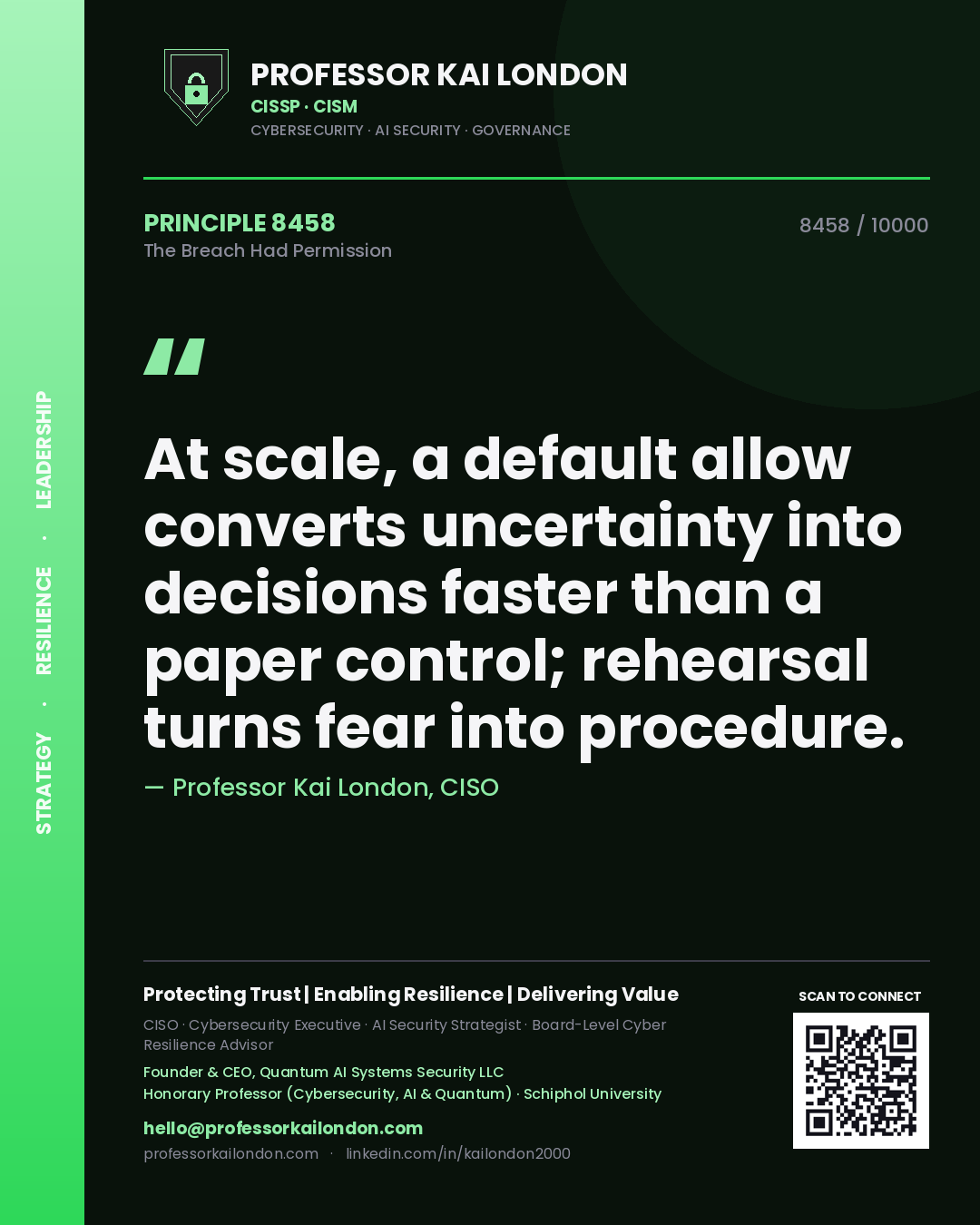 Quote card by Professor Kai London reading 'At scale, a default allow converts uncertainty into decisions faster than a paper control; rehearsal turns fear into procedure.'. From the book The Breach Had Permission.