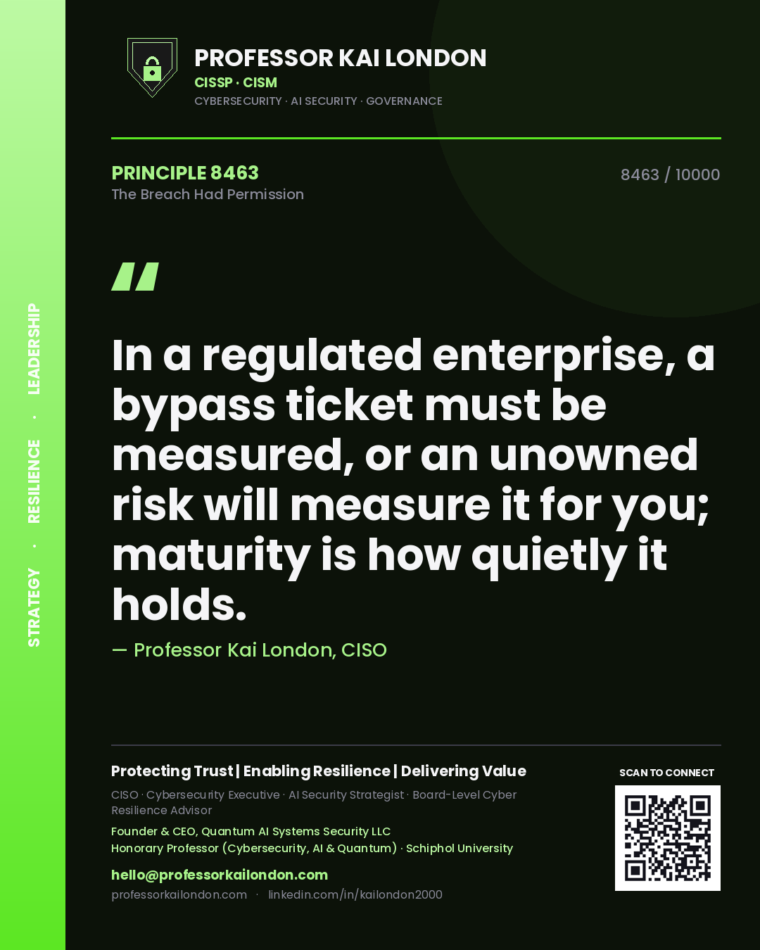 Quote card by Professor Kai London reading 'In a regulated enterprise, a bypass ticket must be measured, or an unowned risk will measure it for you; maturity is how quietly it holds.'. From the book The Breach Had Permission.