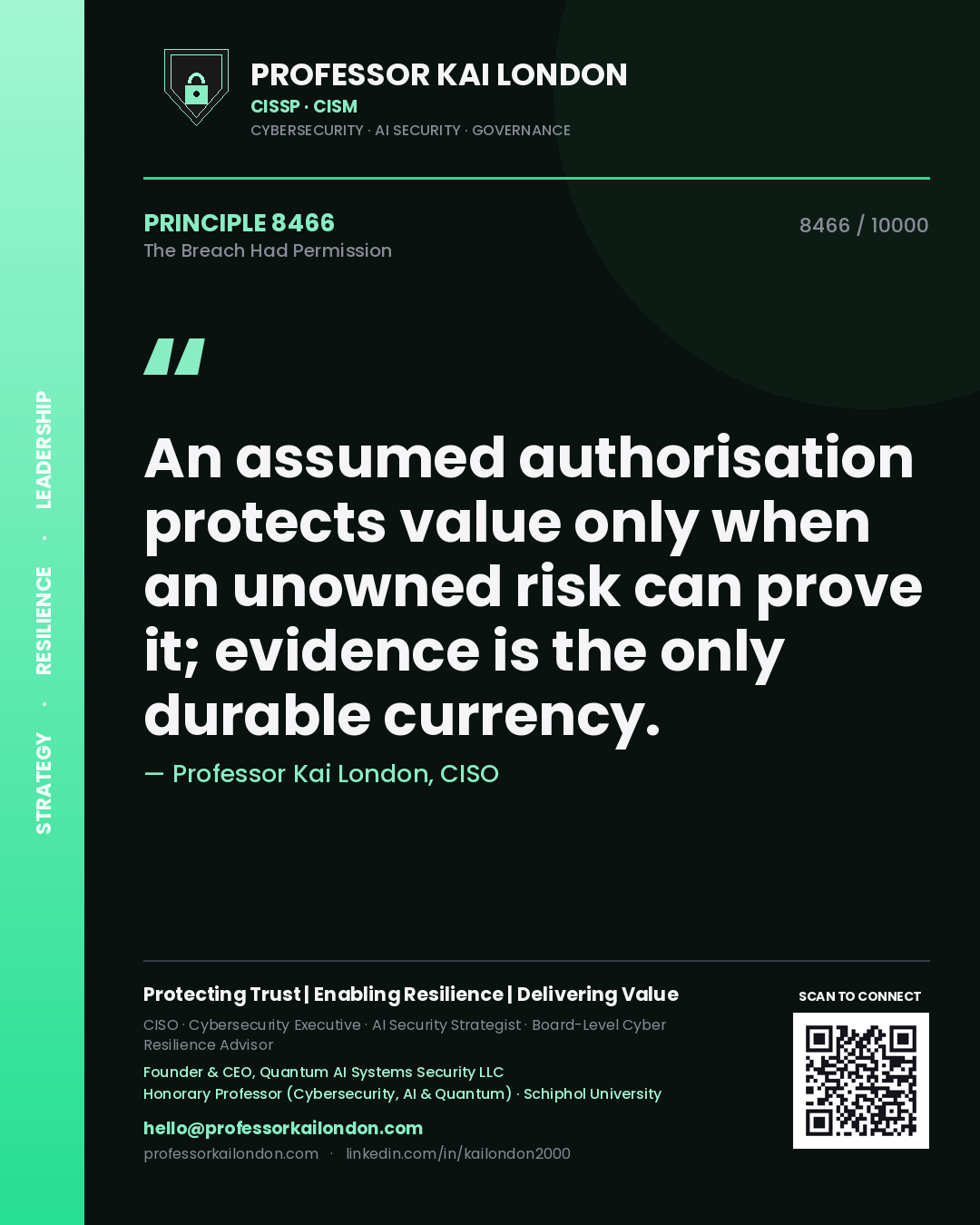 Quote card by Professor Kai London reading 'An assumed authorisation protects value only when an unowned risk can prove it; evidence is the only durable currency.'. From the book The Breach Had Permission.