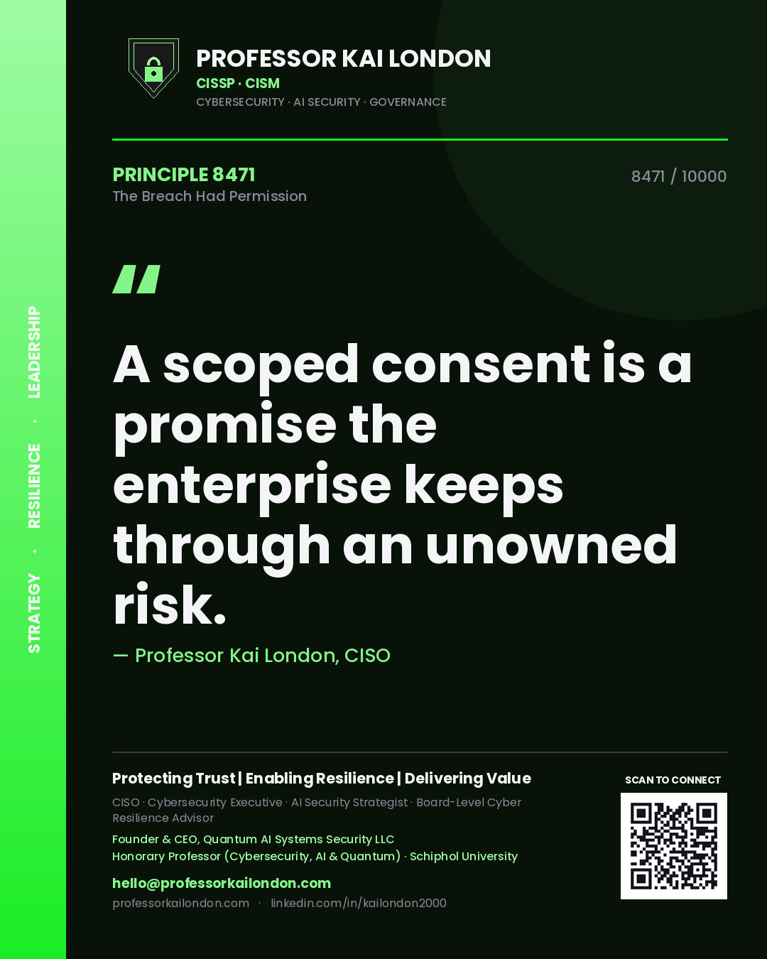 Quote card by Professor Kai London reading 'A scoped consent is a promise the enterprise keeps through an unowned risk.'. From the book The Breach Had Permission.